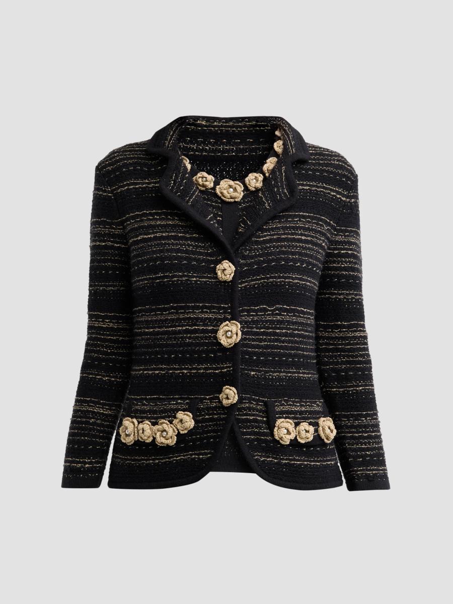 Teri Jon Women's Striped Rosette-appliqué Jacket In Black Champagne