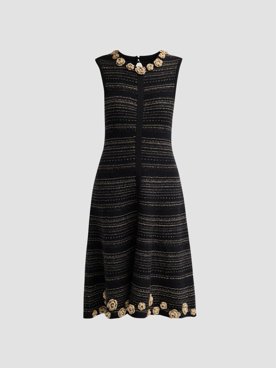 Teri Jon Women's 3d Floral Striped Cotton Midi Dress In Black Champagne