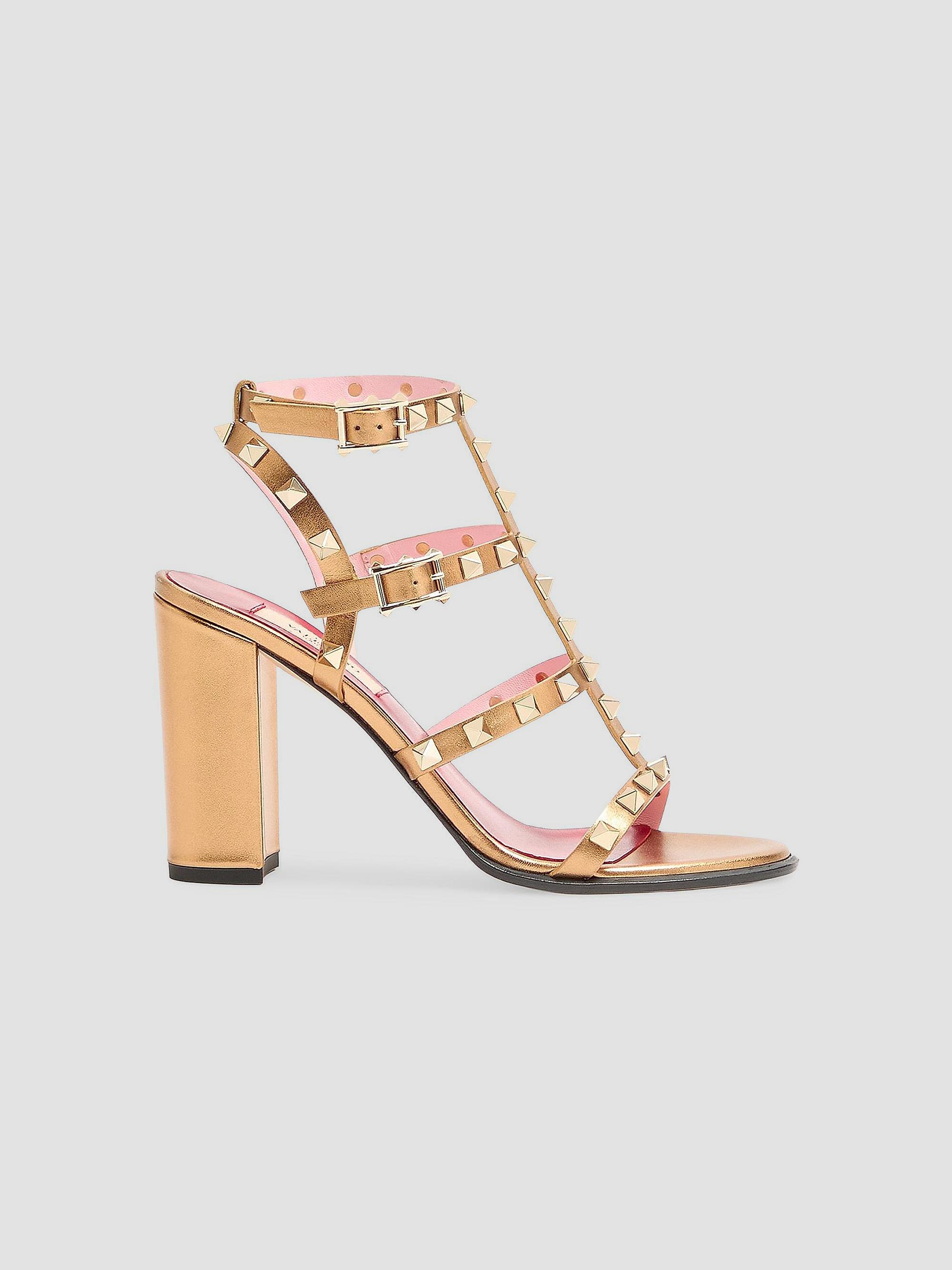 Valentino Garavani Women's Rockstud Laminated Calfskin 90MM Sandals with Straps - Gold | Thumbnail 8