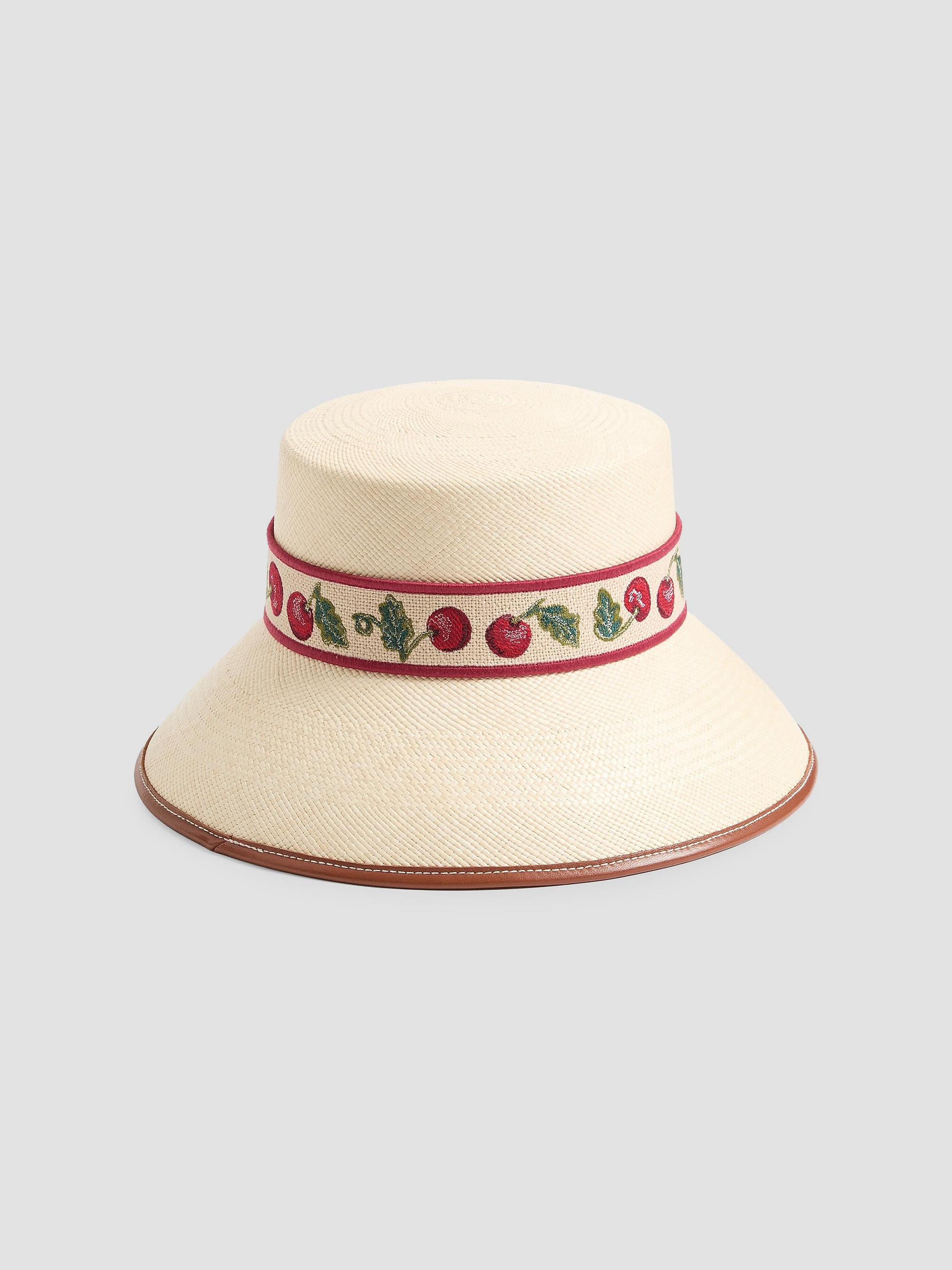 Valentino Garavani Cherryfic Straw Bucket Hat with Leather Trim