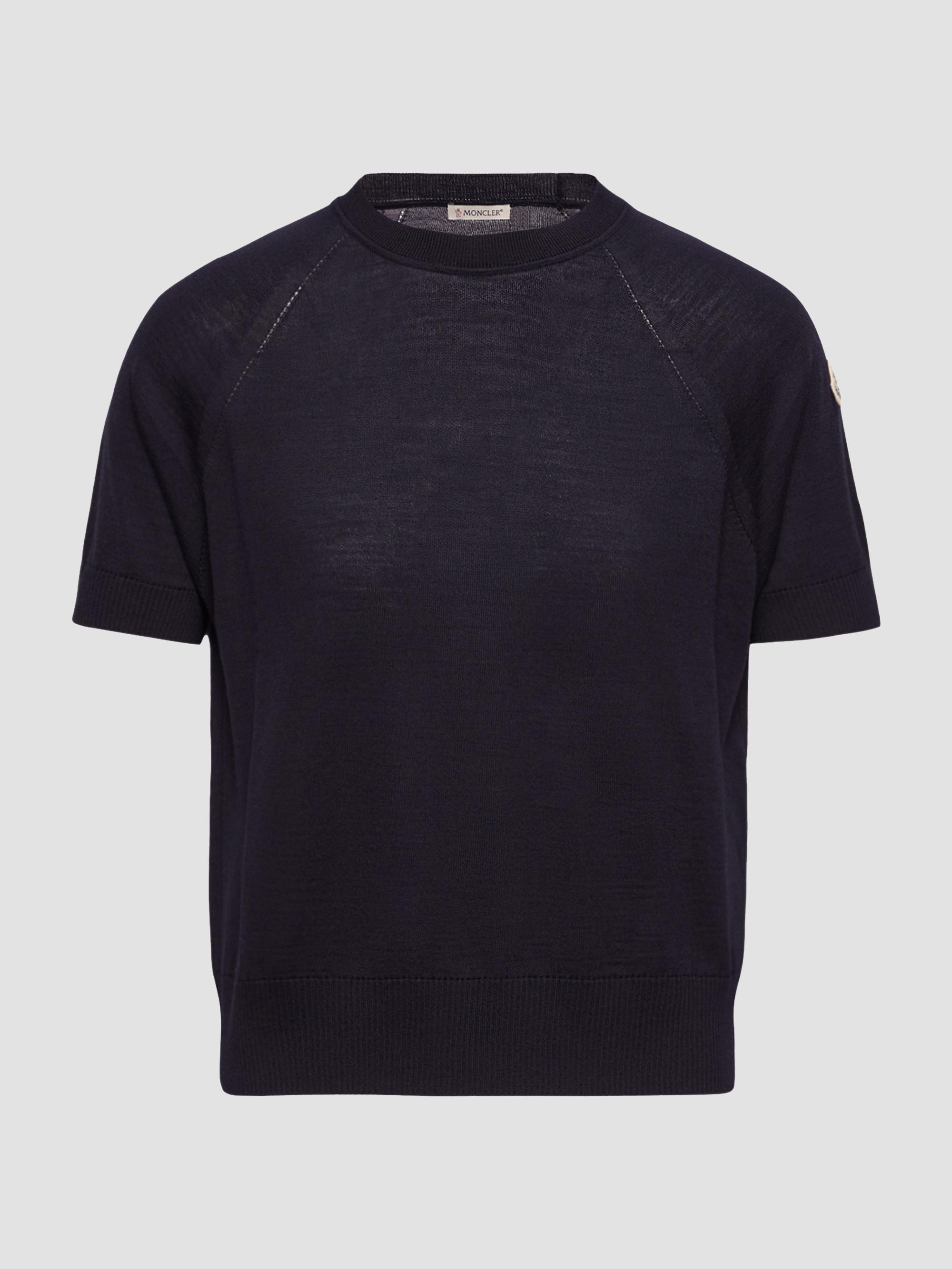 Moncler Women's Short-Sleeved Sweater in Wool - Dark Blue | Thumbnail 5