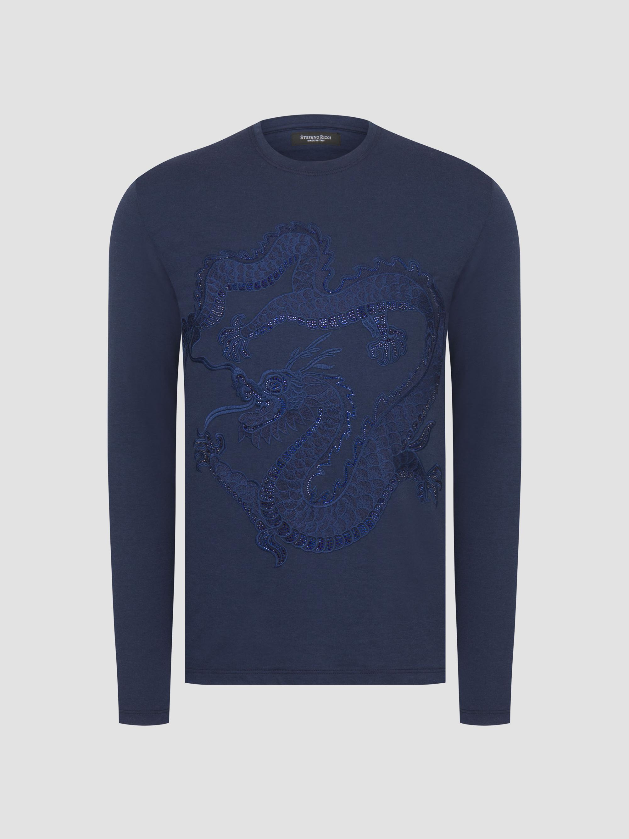 Stefano Ricci Men's Dragon Crystal Embroidered Logo T-Shirt - Blue Navy | Thumbnail 4