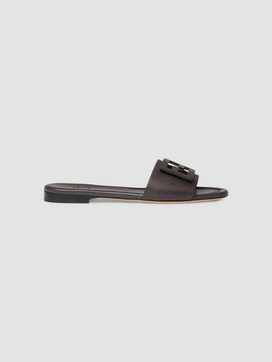 Fendi Women's Ff Leather Flat Sandals In Real Ebano