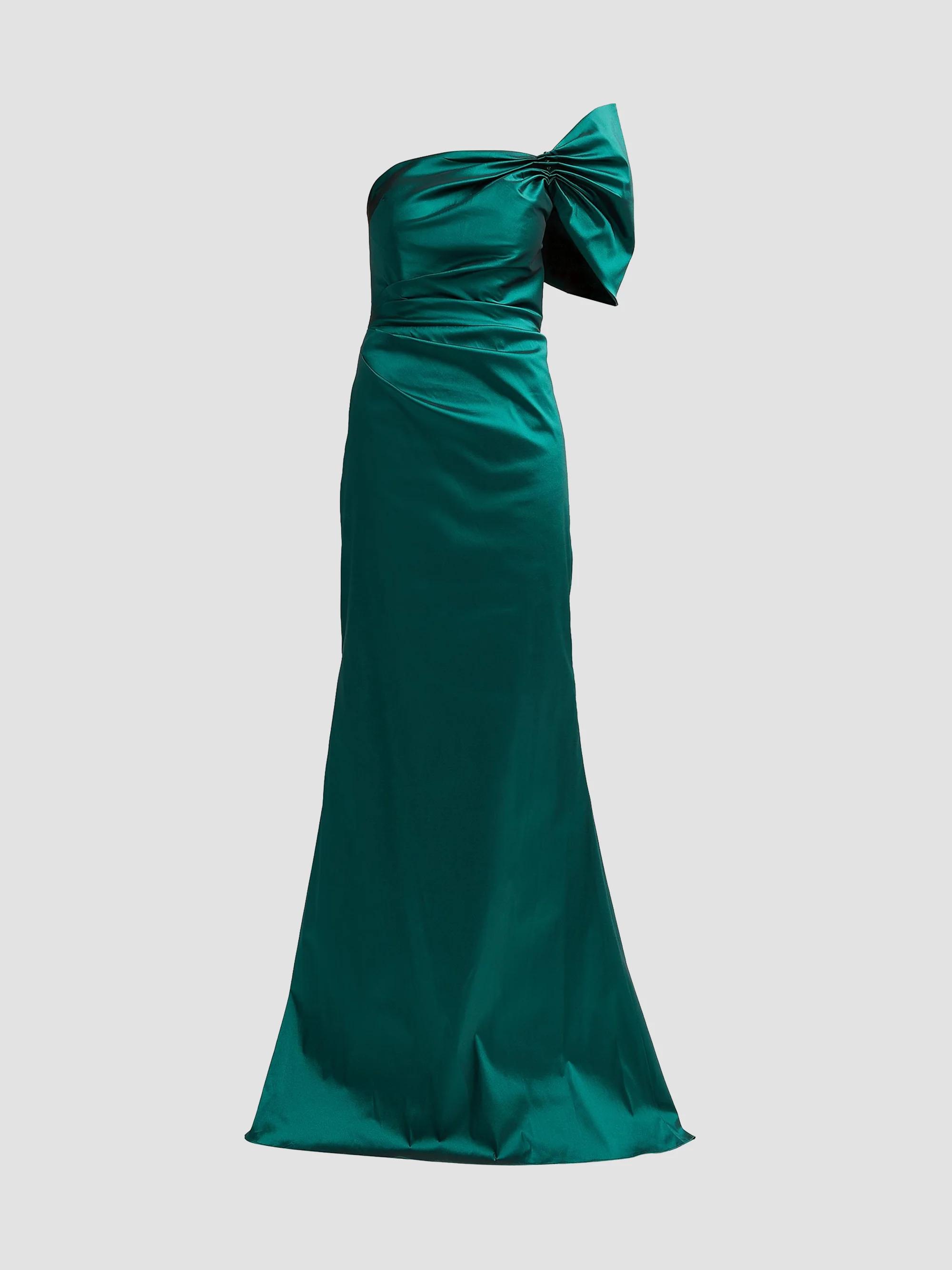 Teri Jon by Rickie Freeman Tafetta Off-The-Shoulder Crepe Column Gown