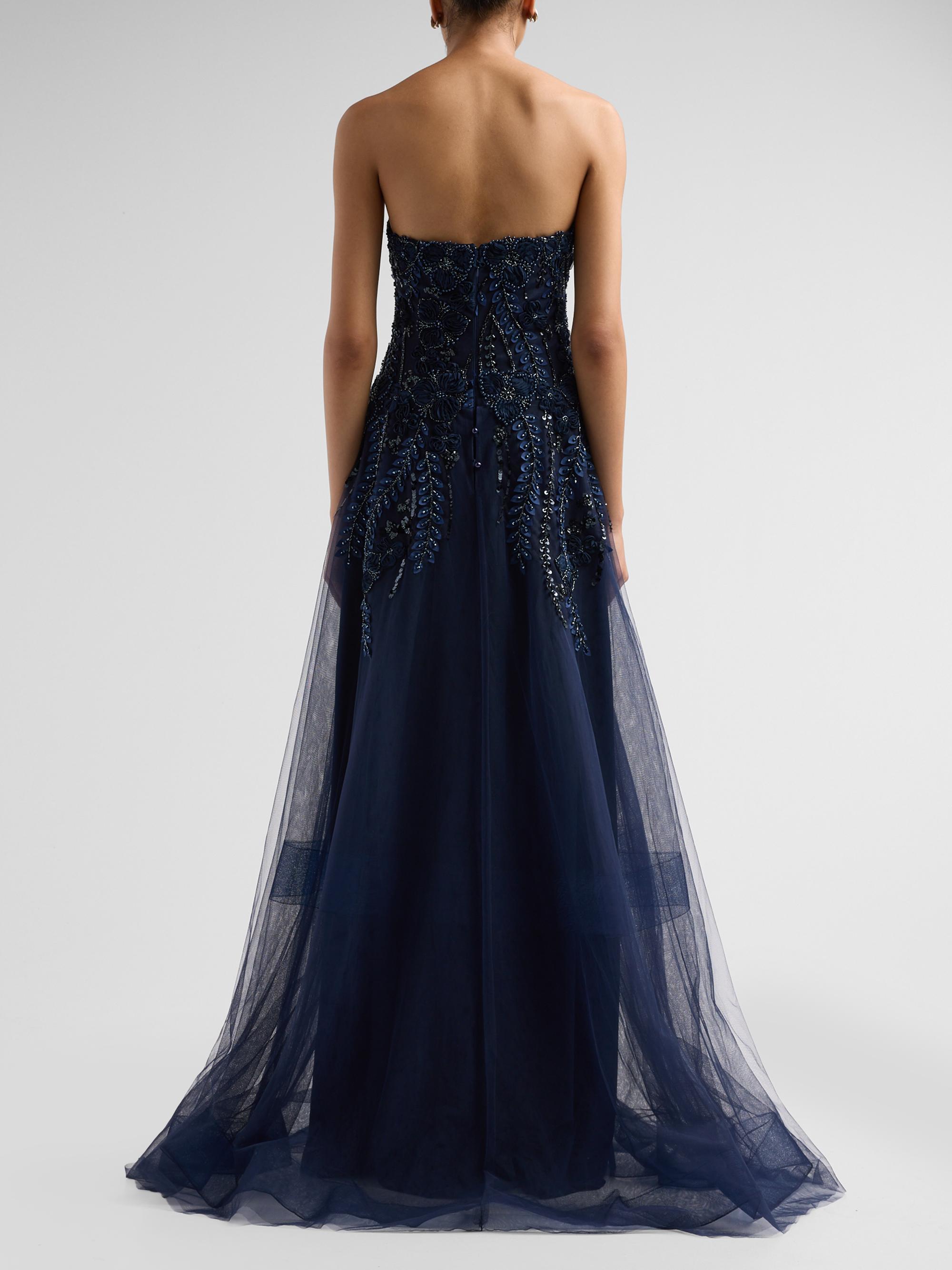 Teri Jon by Rickie Freeman Women's Floral-Embellished Tulle Strapless Gown - Navy | Thumbnail 3
