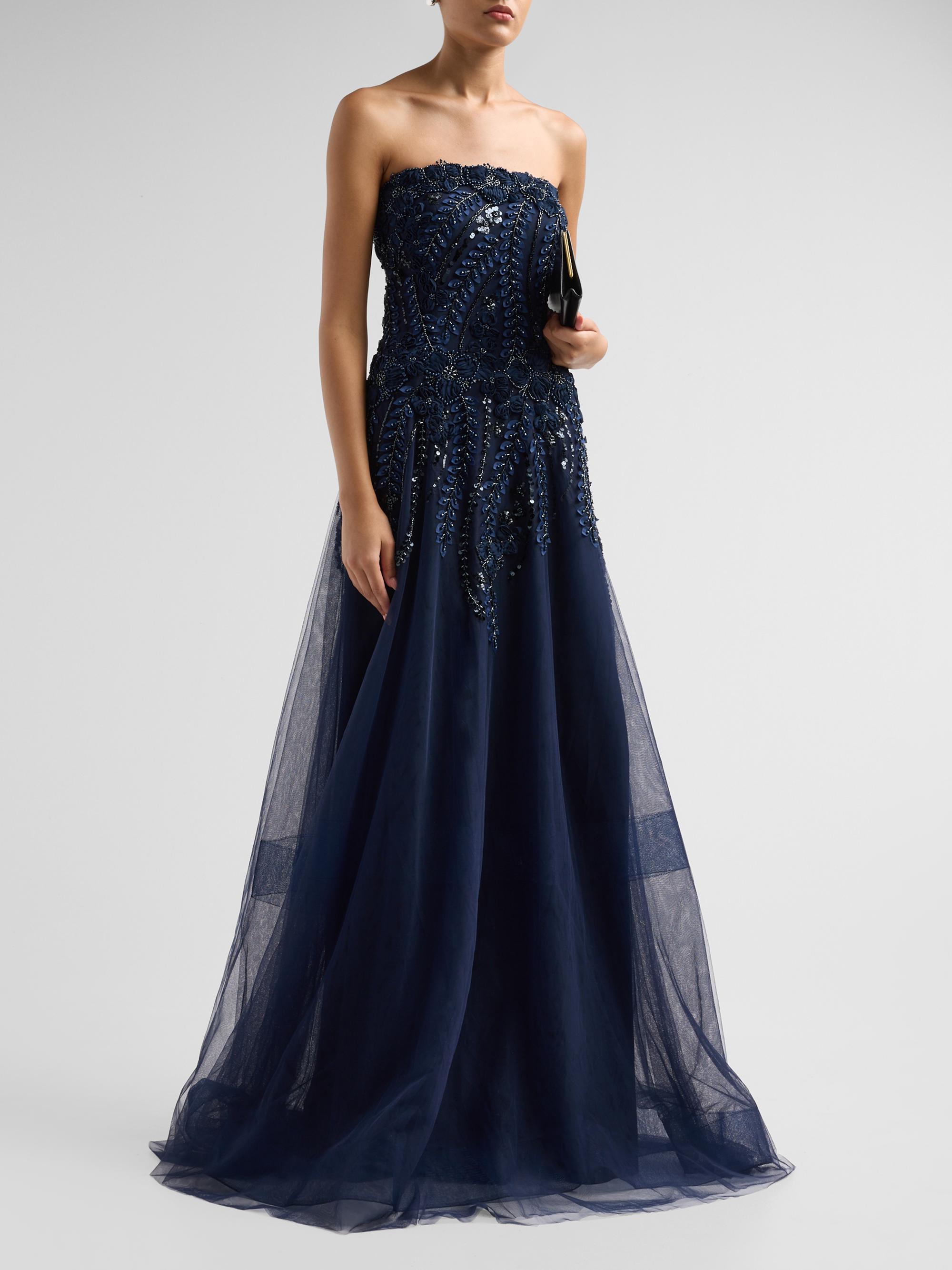 Teri Jon by Rickie Freeman Women's Floral-Embellished Tulle Strapless Gown - Navy | Thumbnail 4