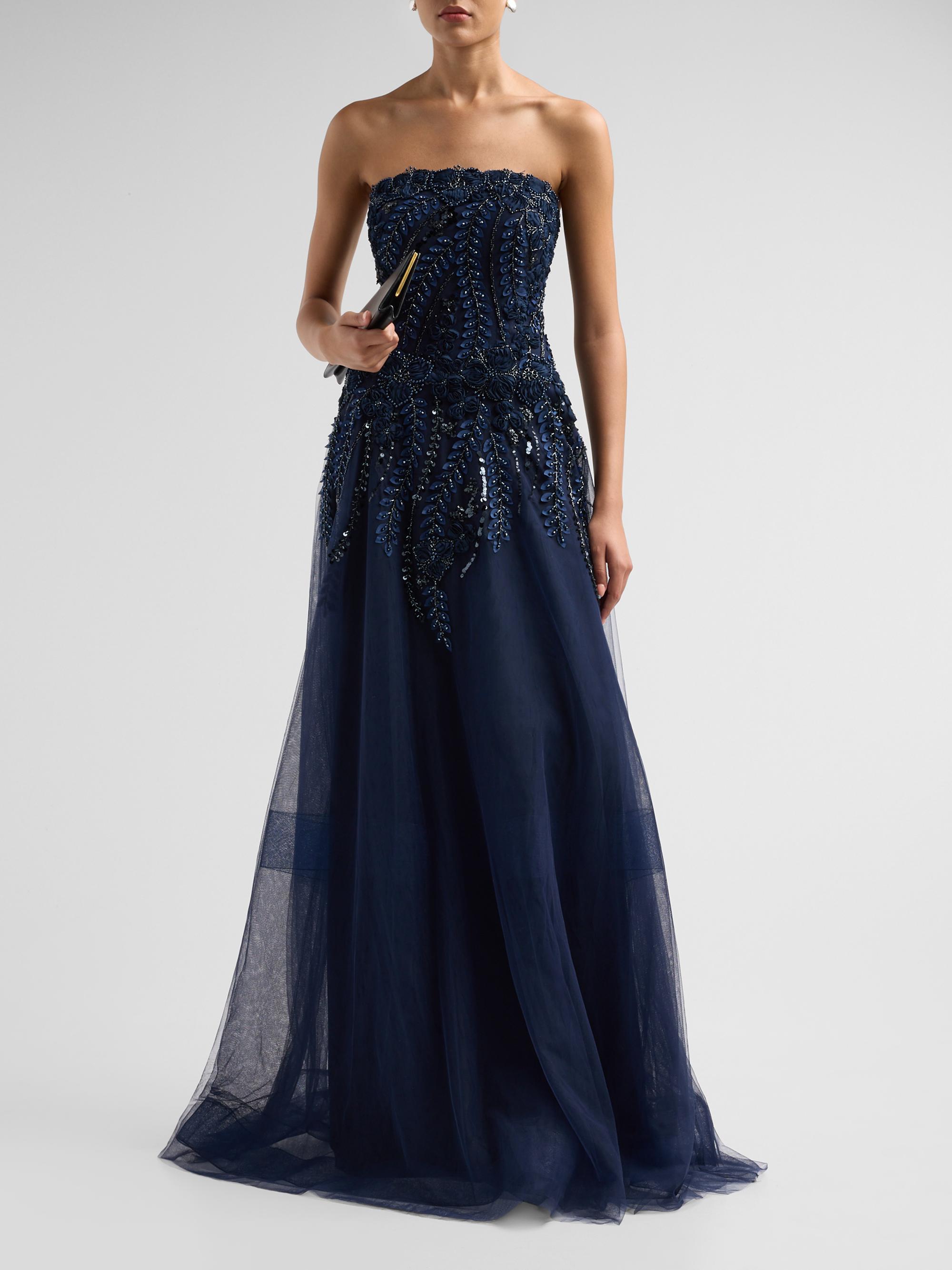 Teri Jon by Rickie Freeman Women's Floral-Embellished Tulle Strapless Gown - Navy | Thumbnail 2