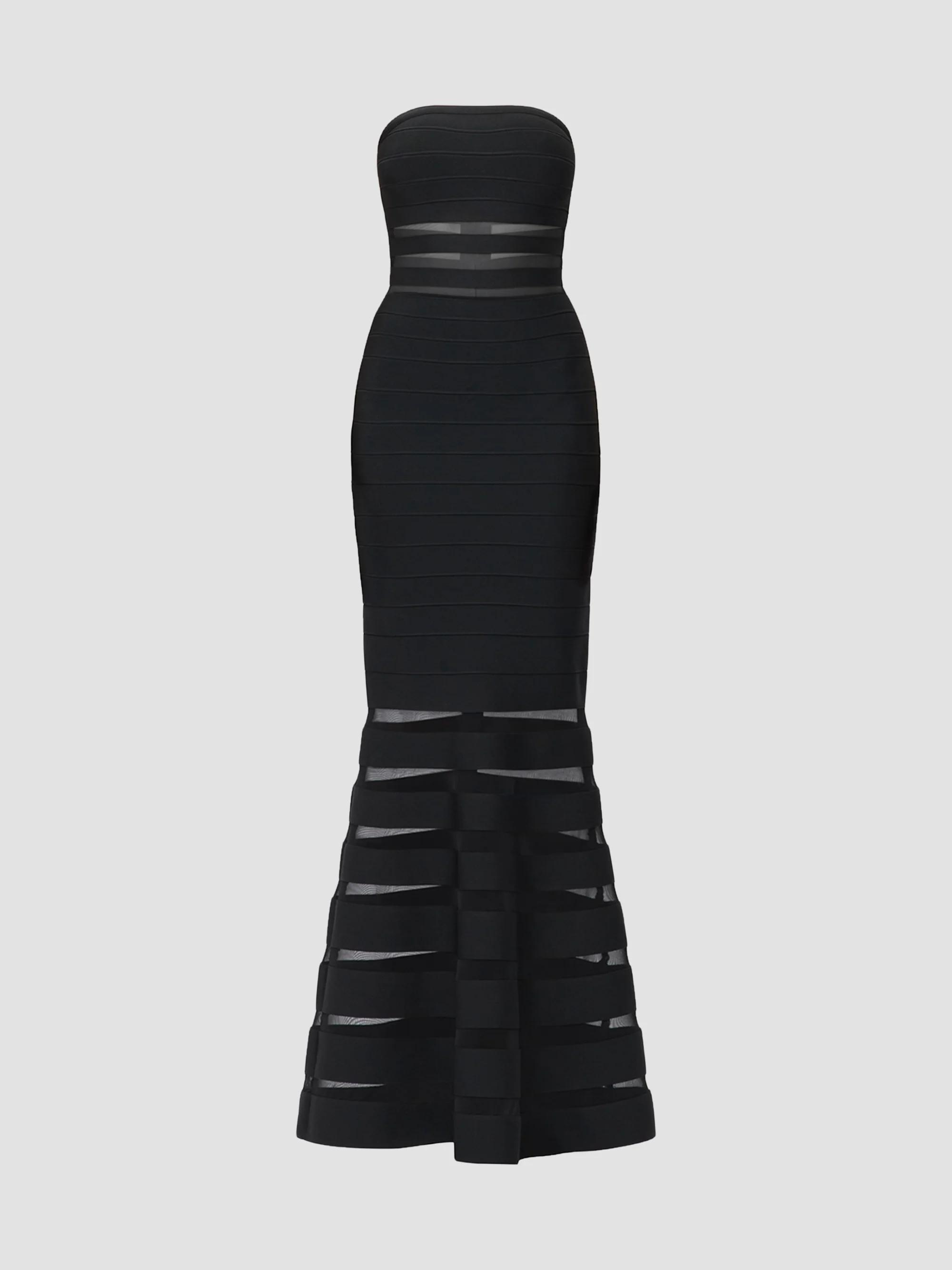 herve leger bandage dress black Hervé Léger Holly Minidress Structured A-line Strapless Side Slit Size:US:10-12 Grey knit fabric lines