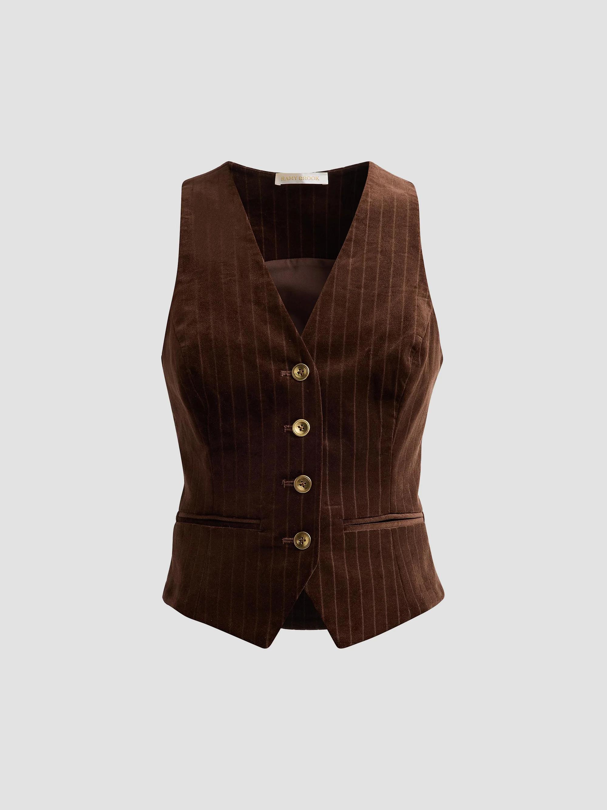 Women's Noelle Pinstriped Cotton-Blend Vest - Heritage Brown - Size 8