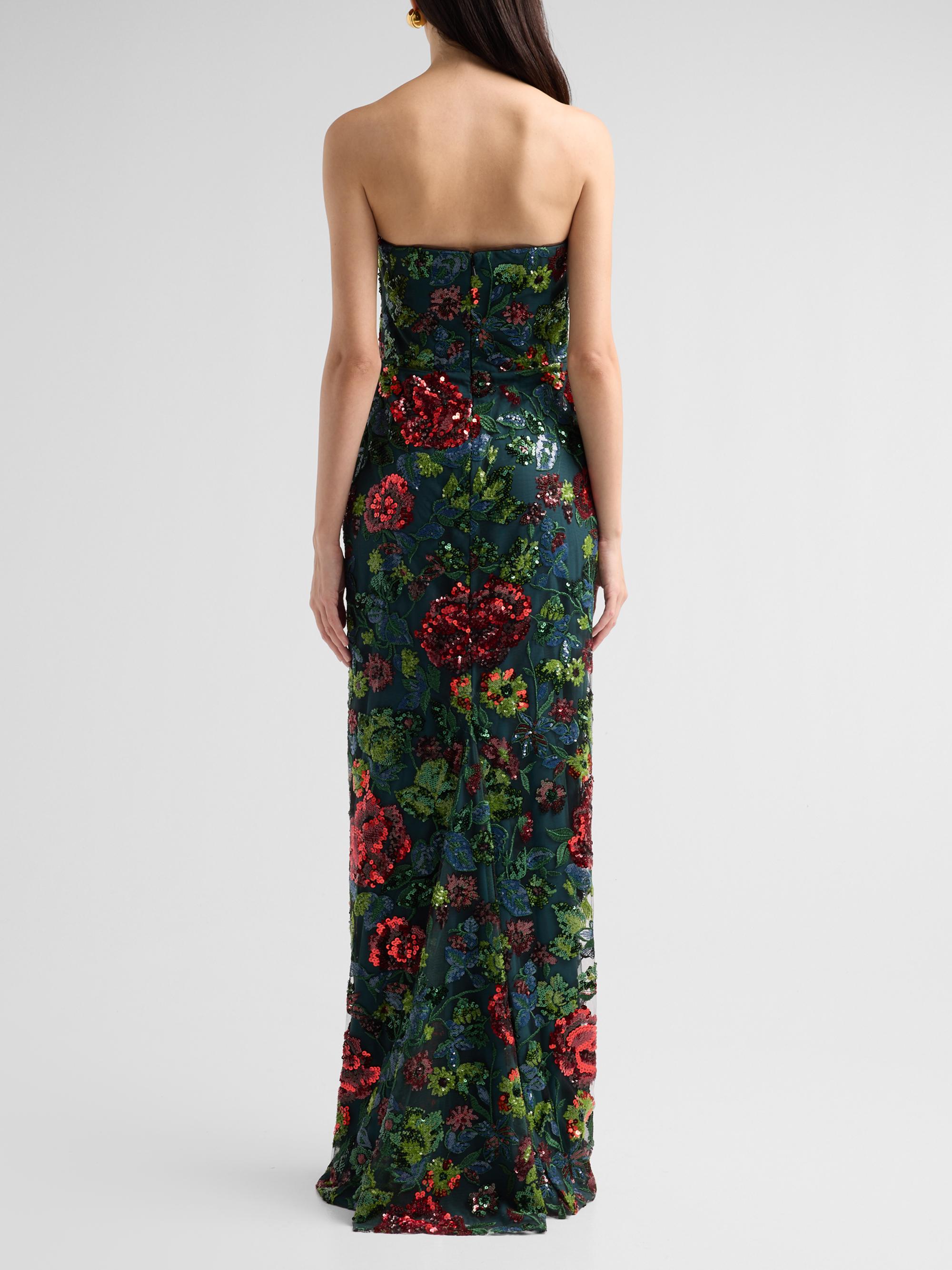 Floral Sequined Strapless Column Gown