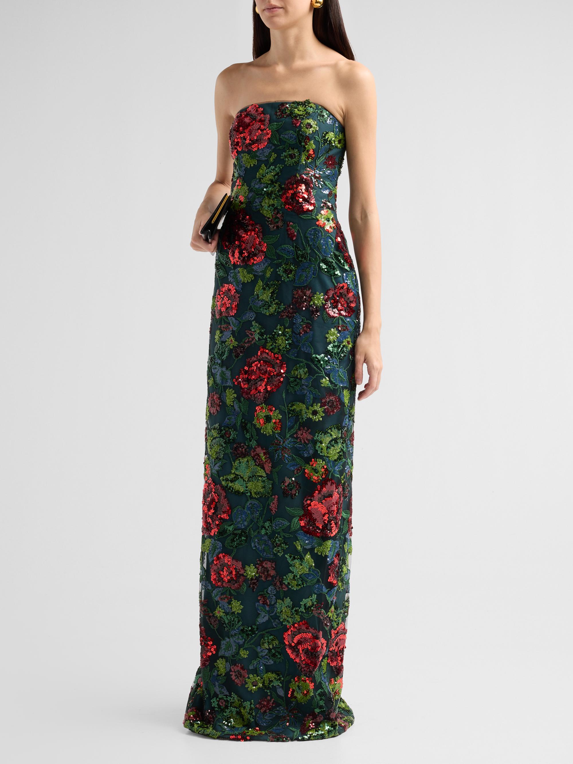 Floral Sequined Strapless Column Gown