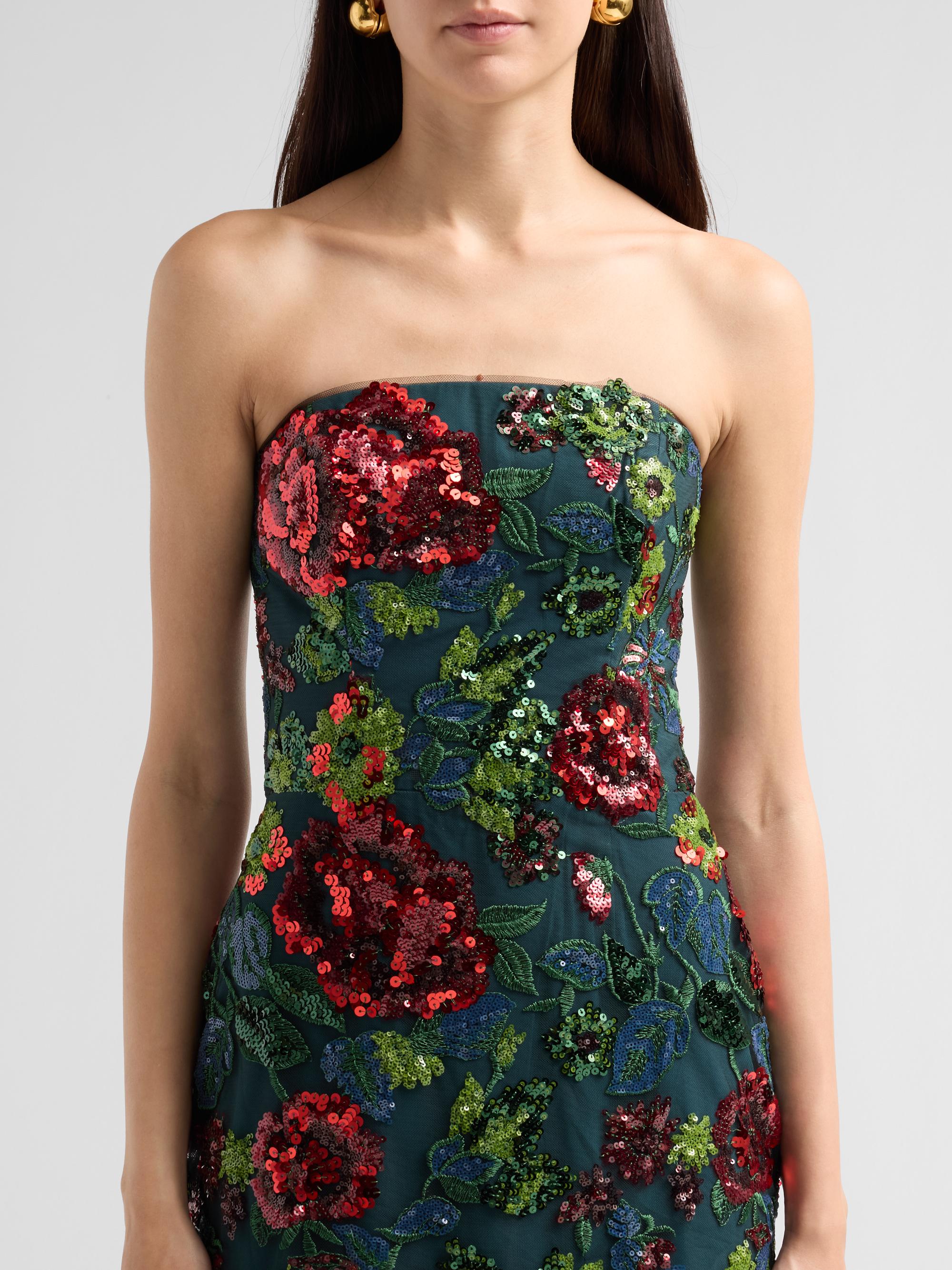 Floral Sequined Strapless Column Gown
