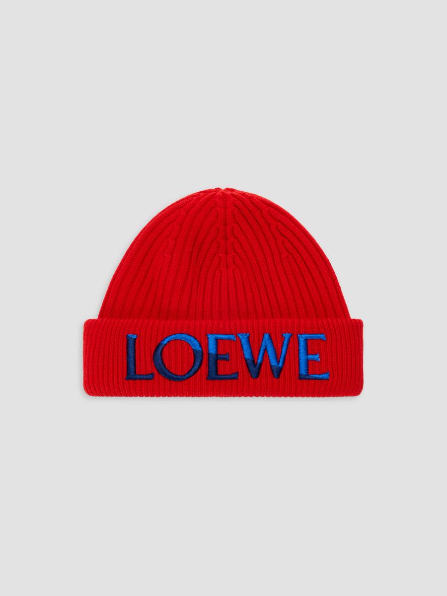 Loewe Men's Embroidered Logo Wool Beanie In Red Blue