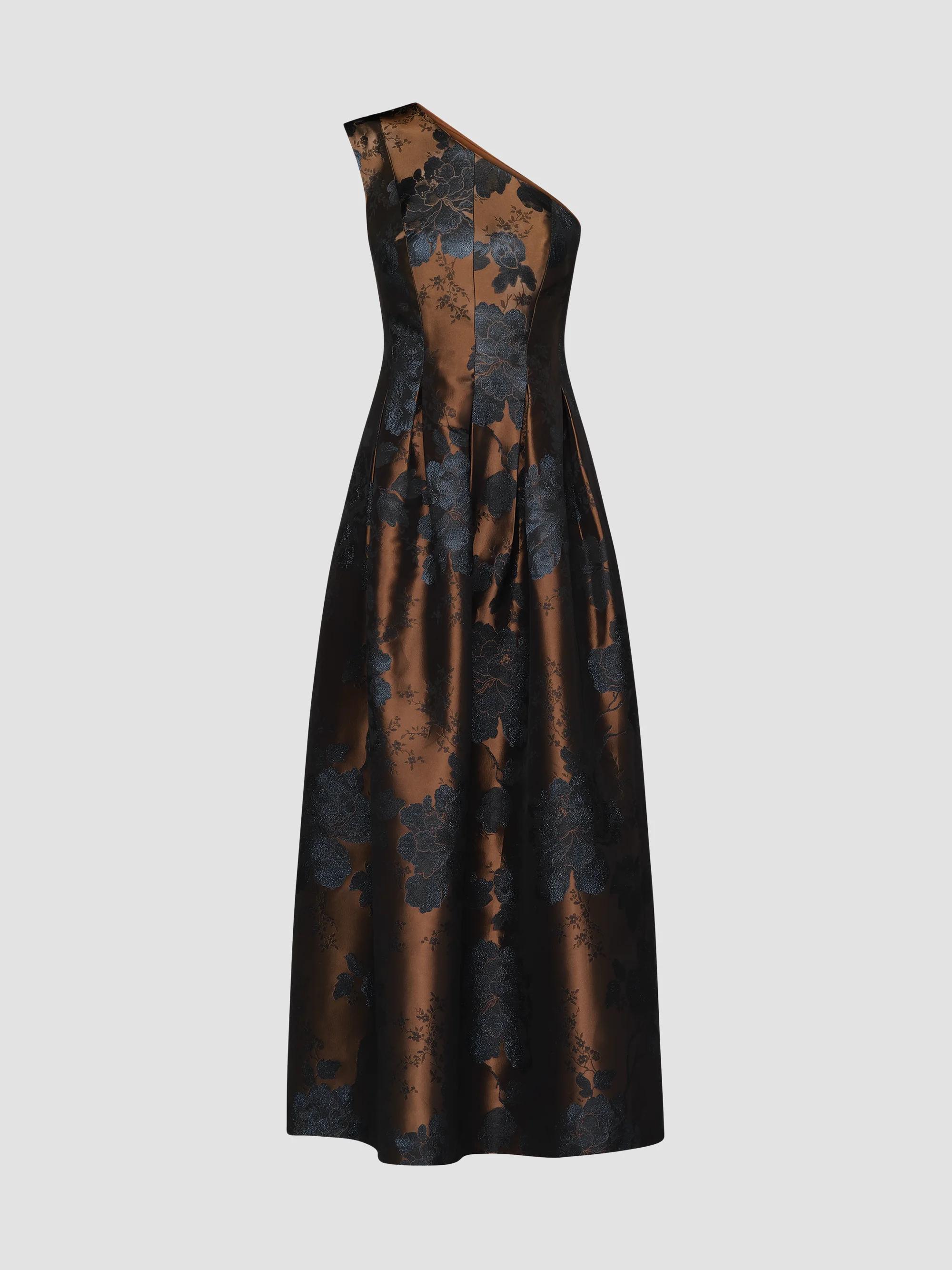 kay unger gold lace dress Jillian Sleeveless One-Shoulder Pleated Gown Dress Studs