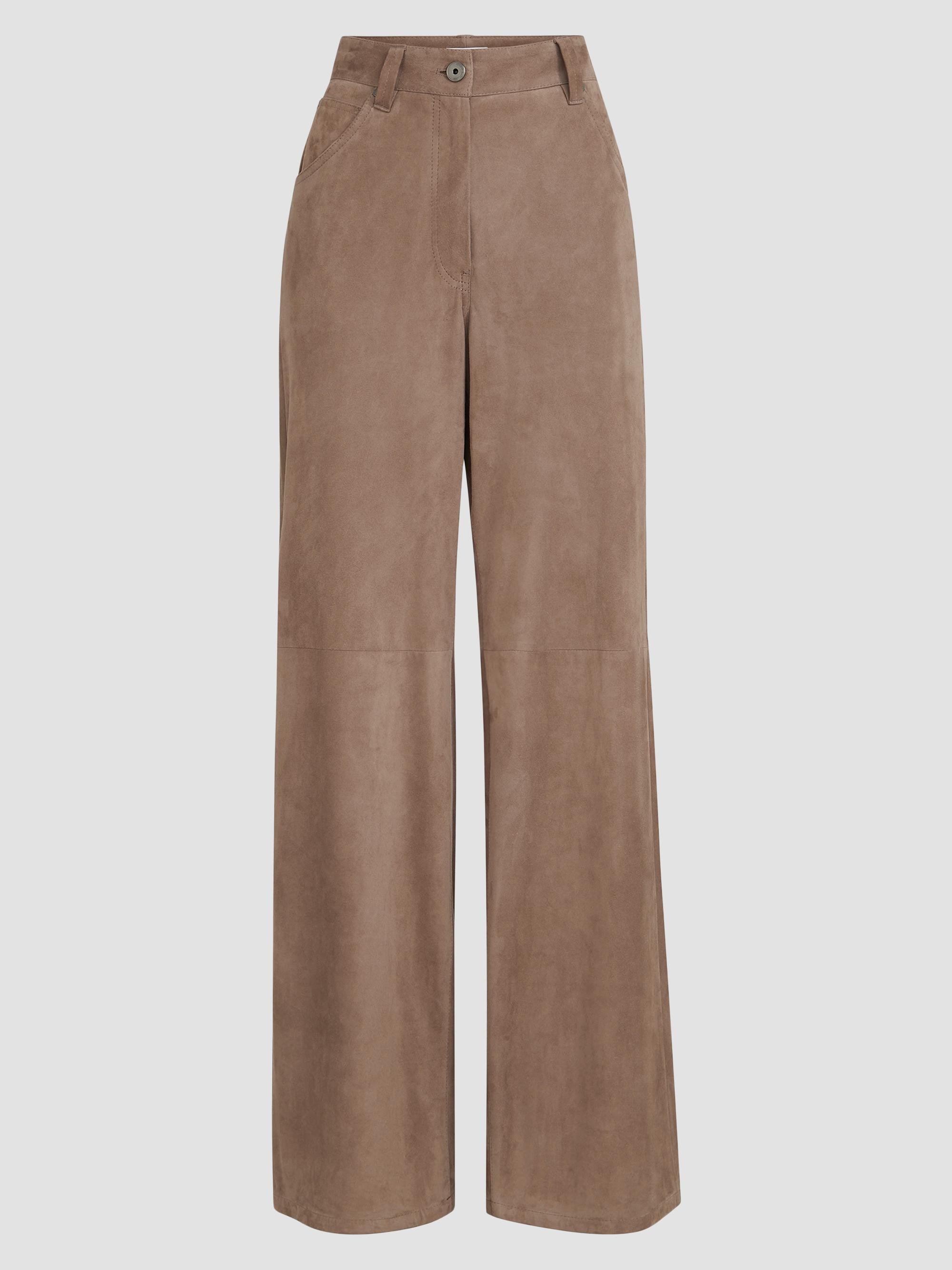 Brunello Cucinelli Women's Suede Baggy Trousers with Monili - Light Brown