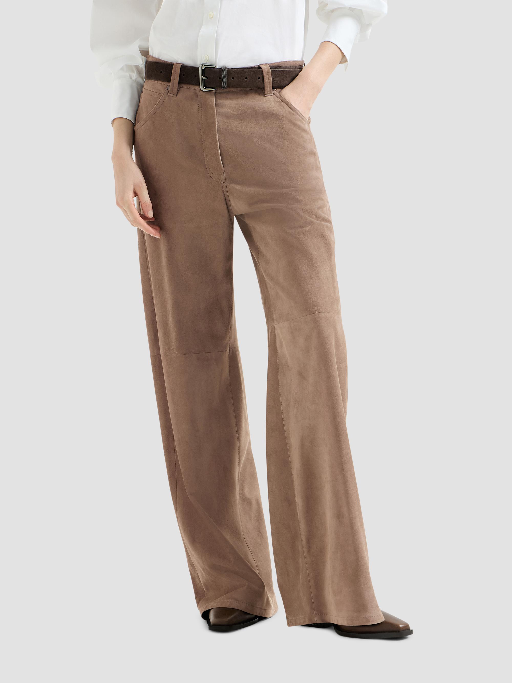 Brunello Cucinelli Women's Suede Baggy Trousers with Monili - Light Brown | Thumbnail 2