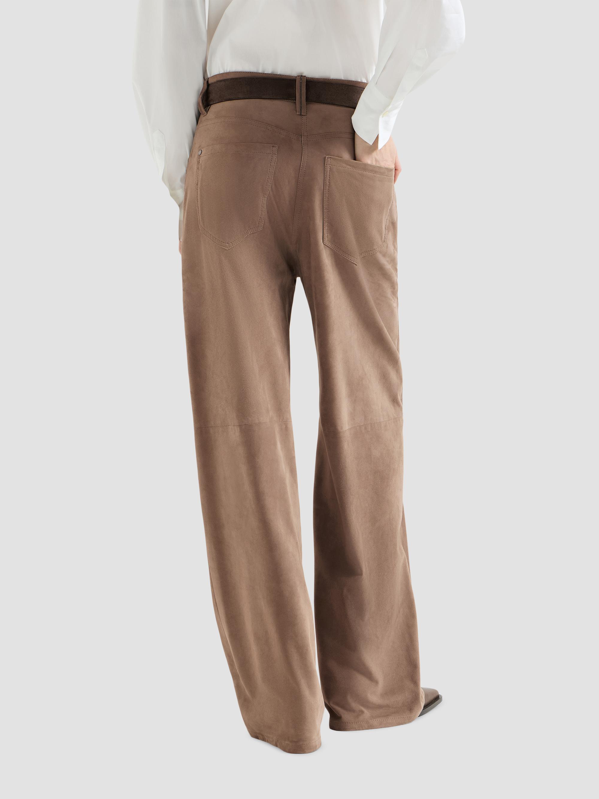 Brunello Cucinelli Women's Suede Baggy Trousers with Monili - Light Brown | Thumbnail 3