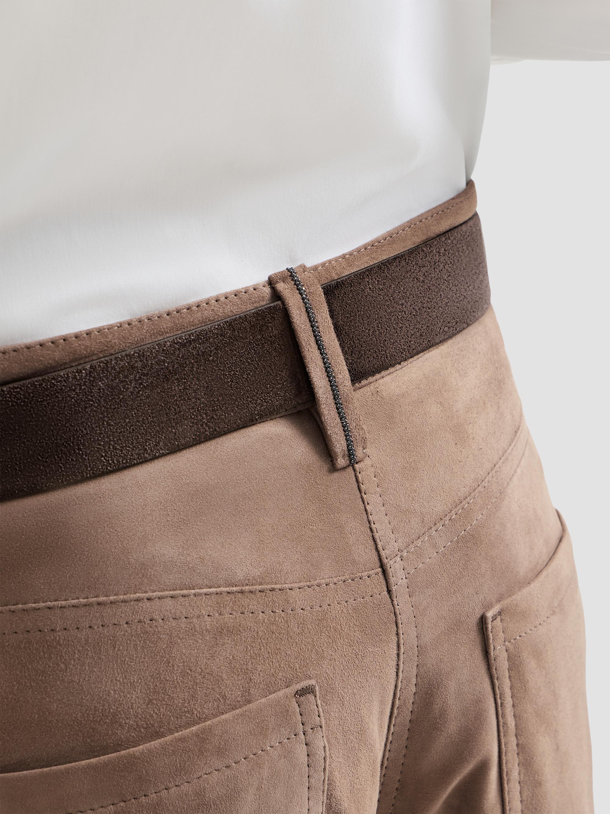 Brunello Cucinelli Women's Suede Baggy Trousers with Monili - Light Brown | Thumbnail 4
