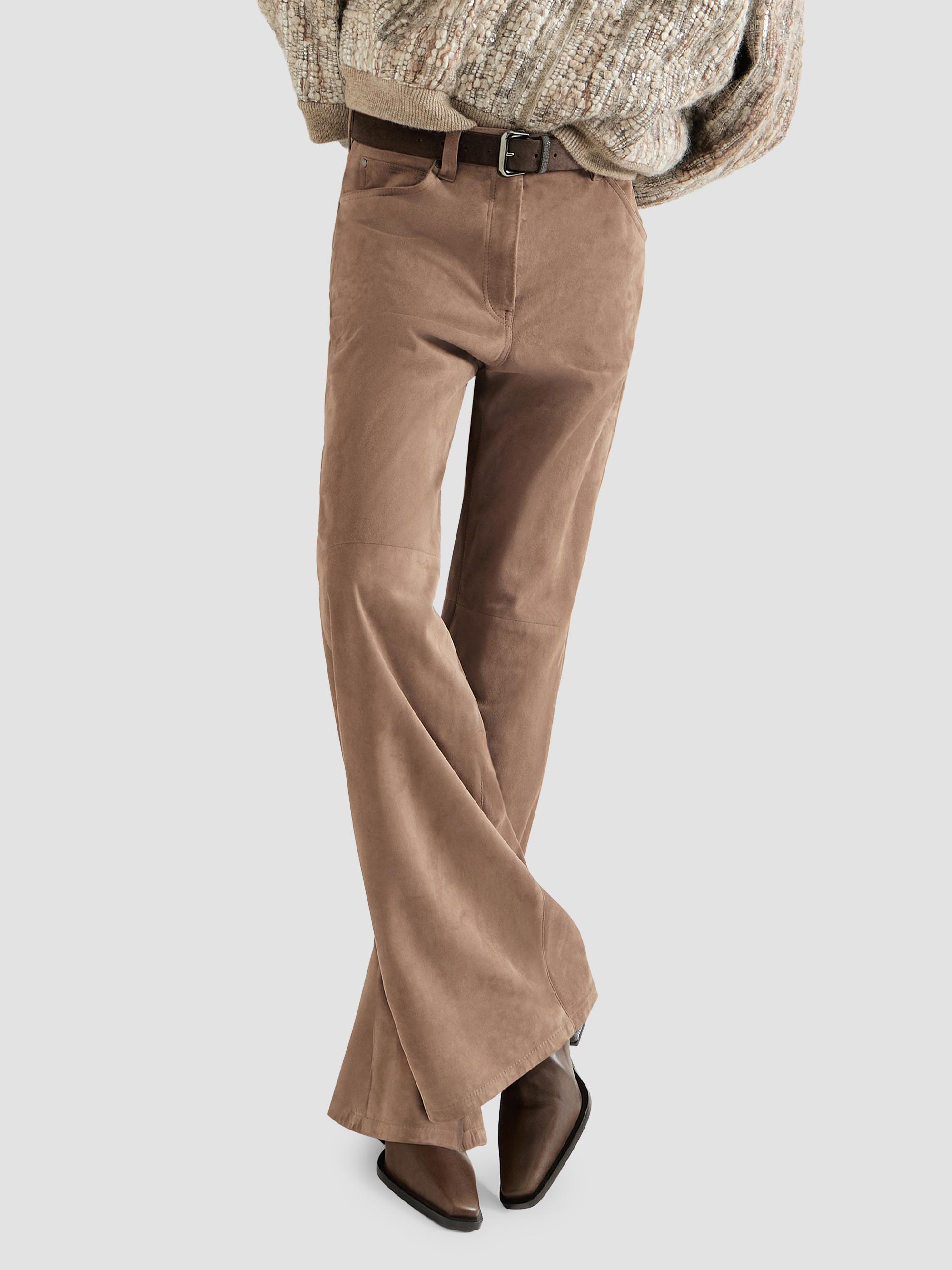 Brunello Cucinelli Women's Suede Baggy Trousers with Monili - Light Brown | Thumbnail 5
