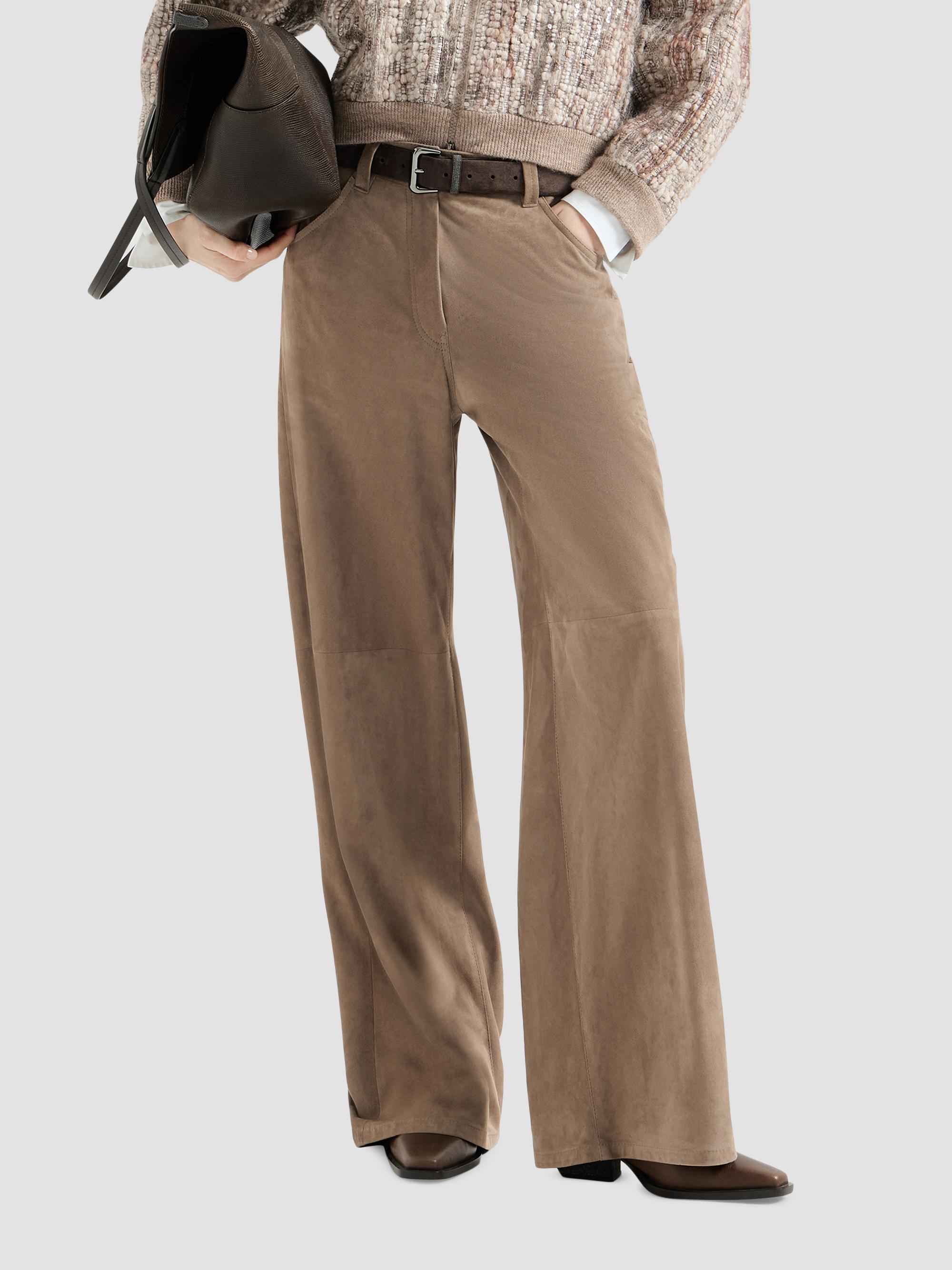 Brunello Cucinelli Women's Suede Baggy Trousers with Monili - Light Brown | Thumbnail 6