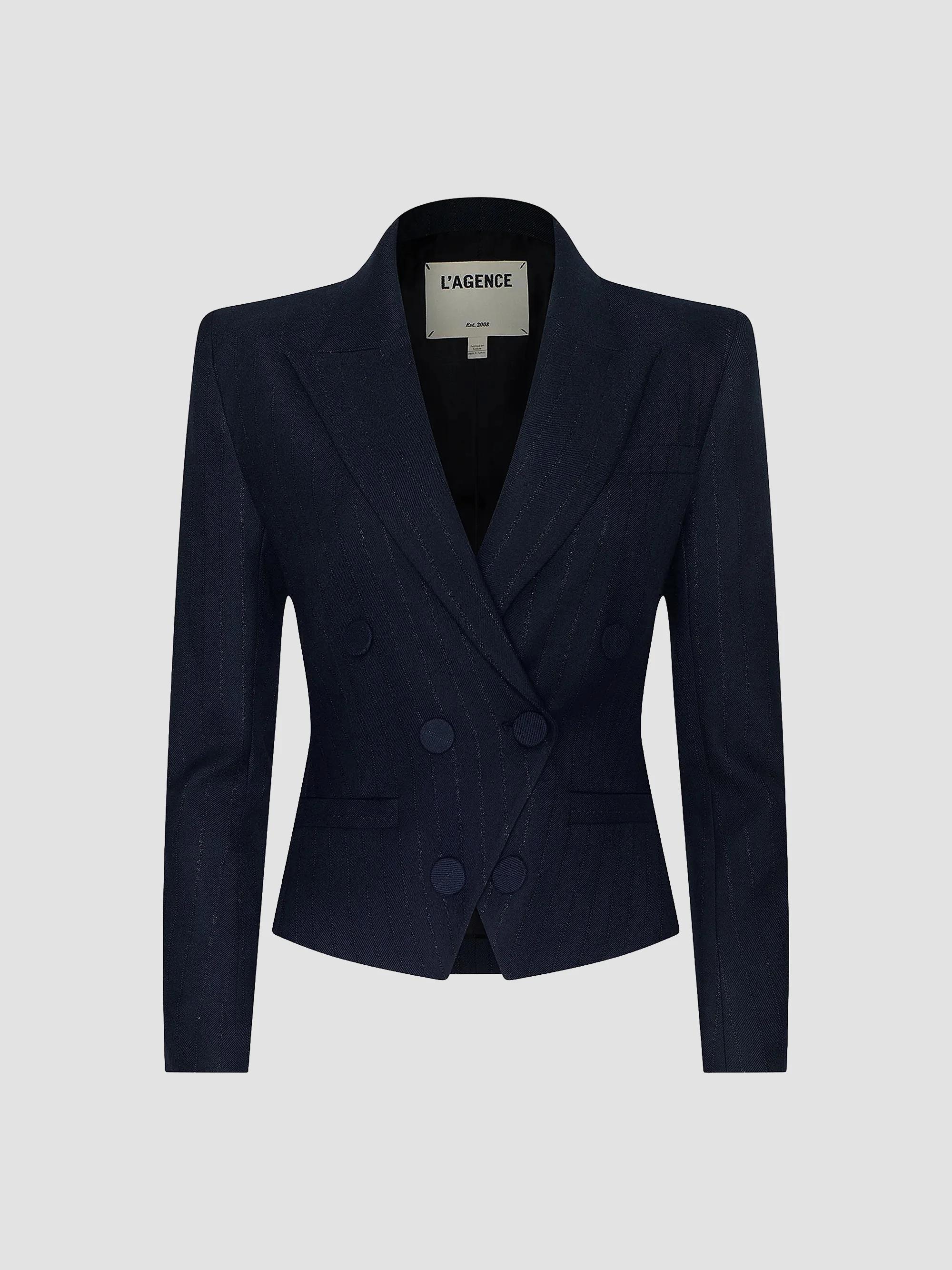 L'AGENCE Women's Risa Striped Double-Breasted Blazer - Midnight Lurex Pinstripe - Size 8