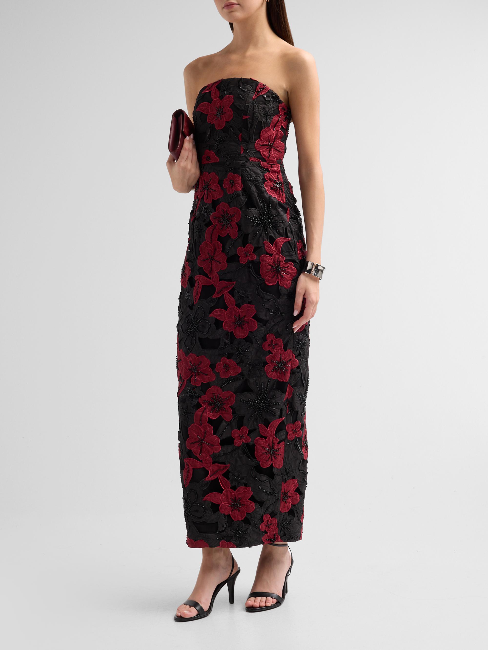 Black and red formal wedding guest dress