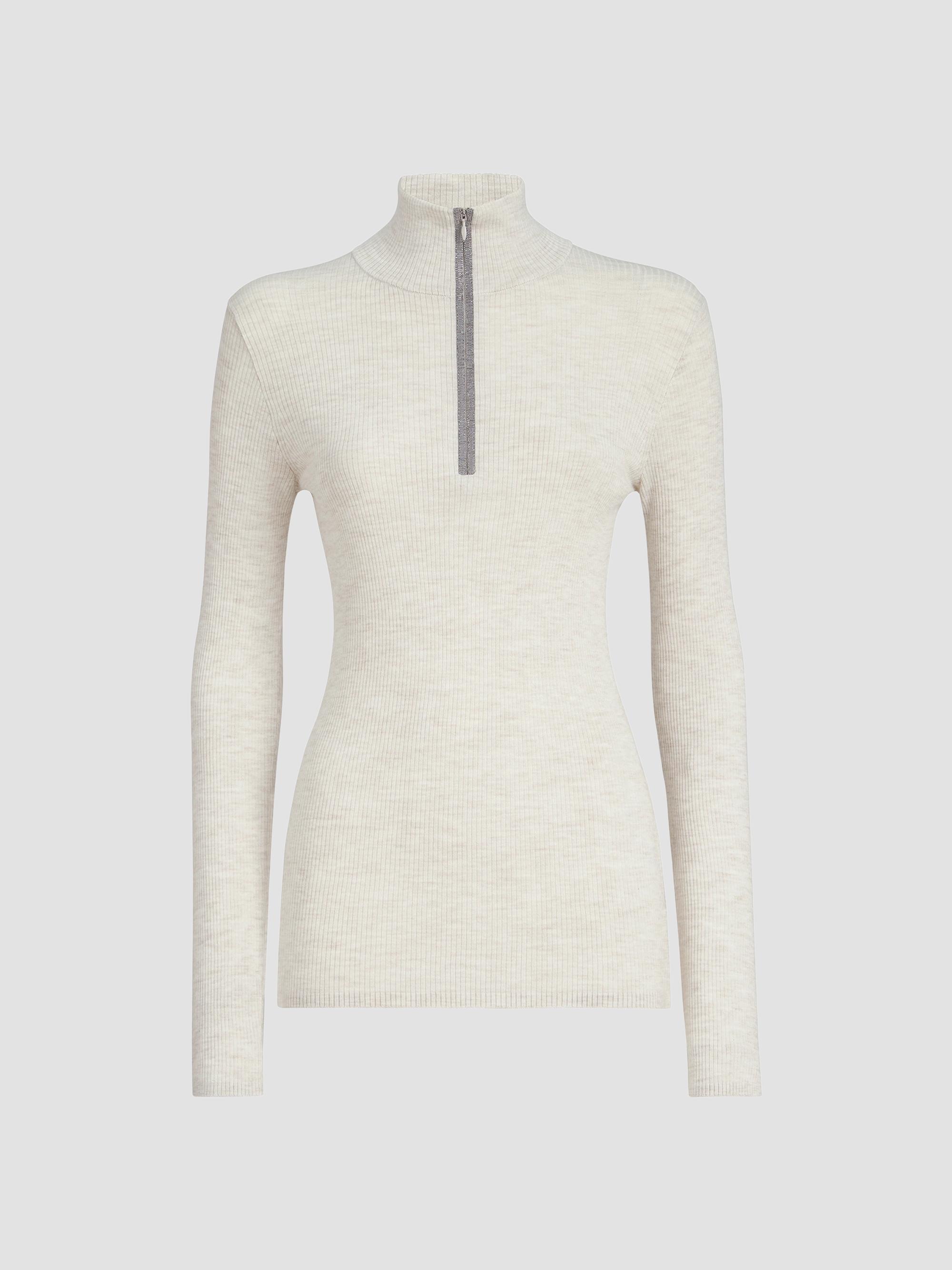 Brunello Cucinelli Women's Virgin Wool and Cashmere Lightweight Ribbed Turtleneck Sweater - Pearl Grey | Thumbnail 7