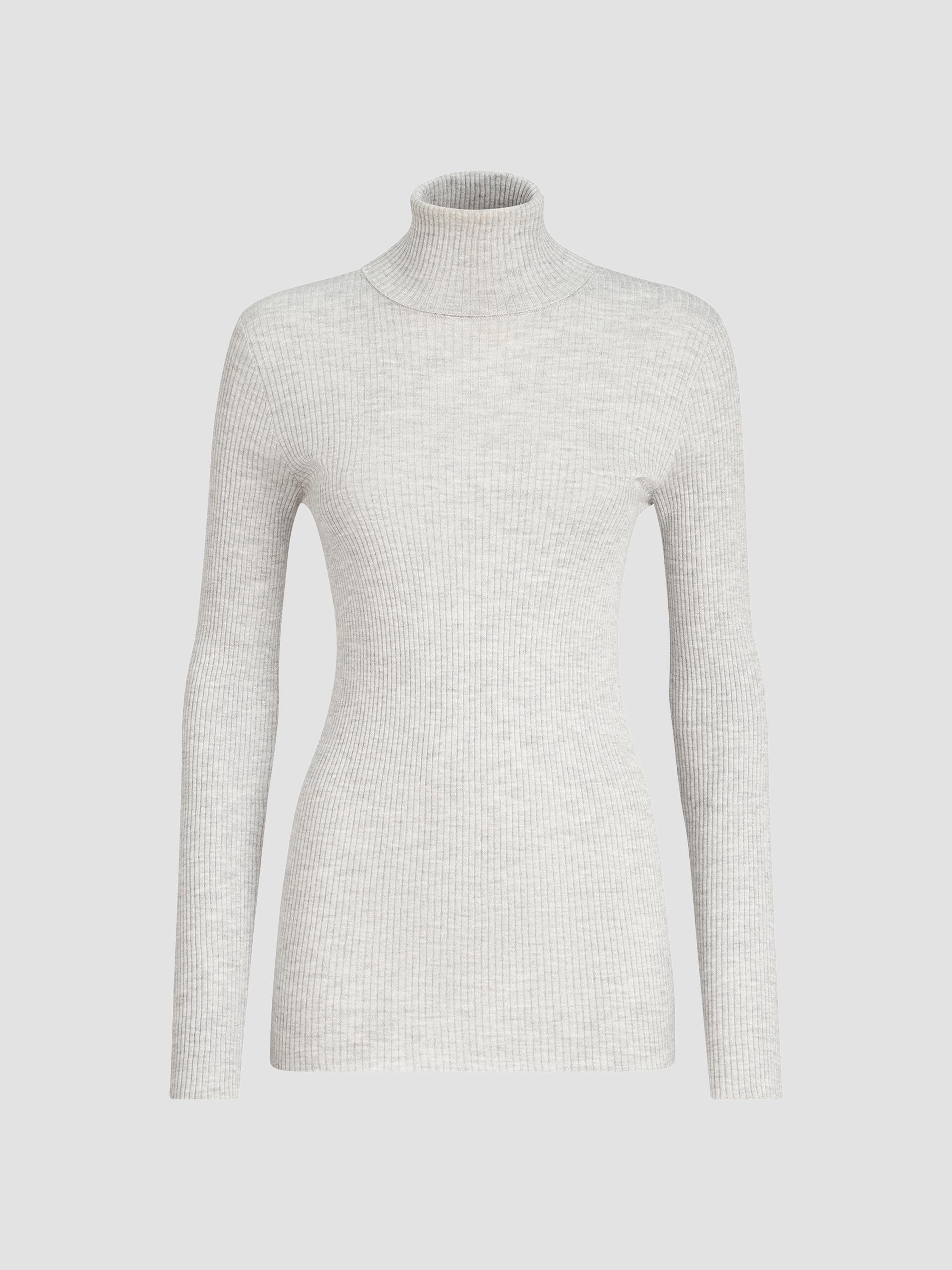 Brunello Cucinelli Women's Lightweight Turtleneck Sweater in Sparkling Cashmere and Silk Rib Knit - Light Grey | Thumbnail 7