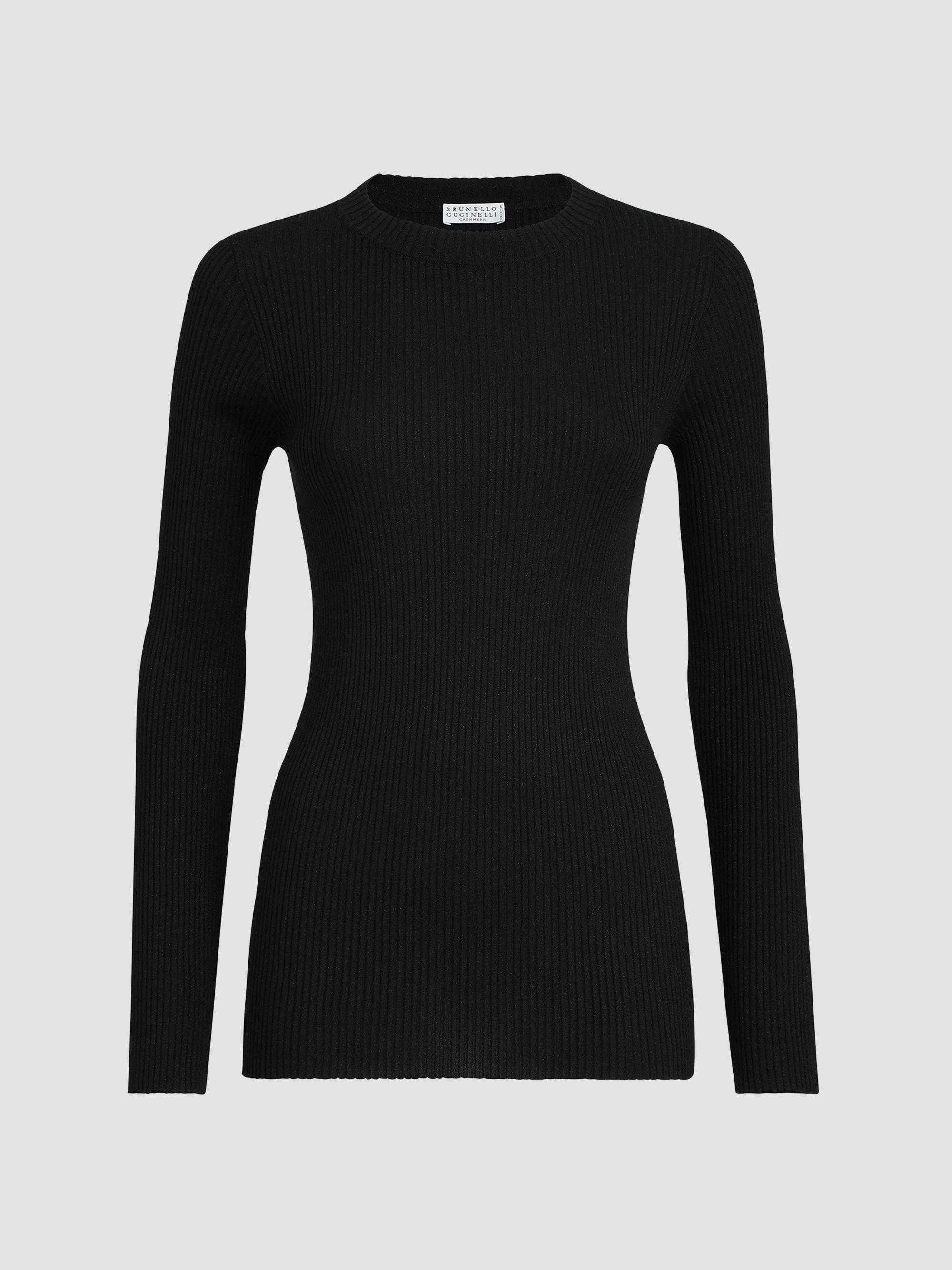 Brunello Cucinelli Women's Sparkling Cashmere and Silk Rib Knit Lightweight Sweater - Black | Thumbnail 7
