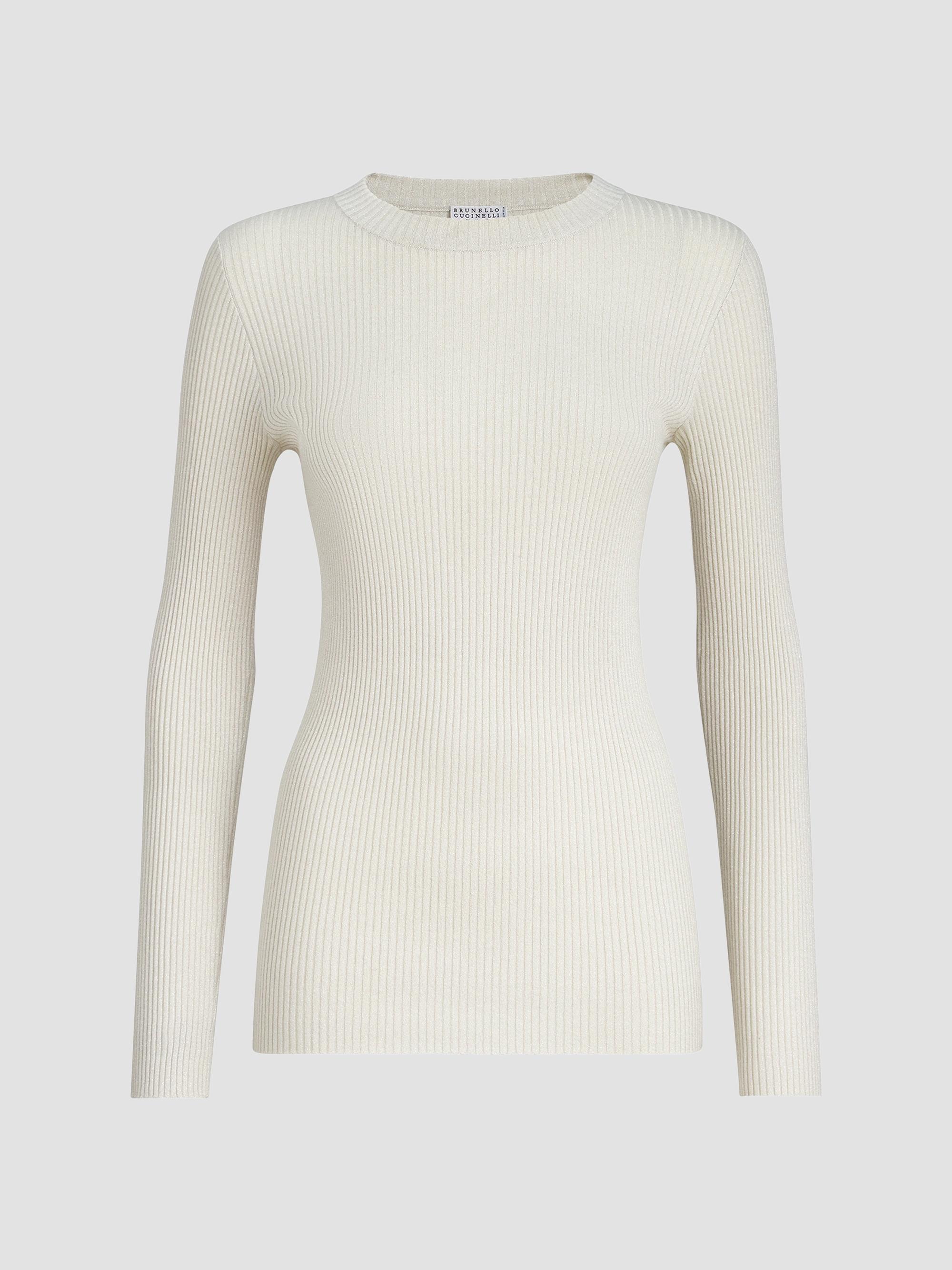 Brunello Cucinelli Women's Sparkling Cashmere and Silk Rib Knit Lightweight Sweater - Milk | Thumbnail 7