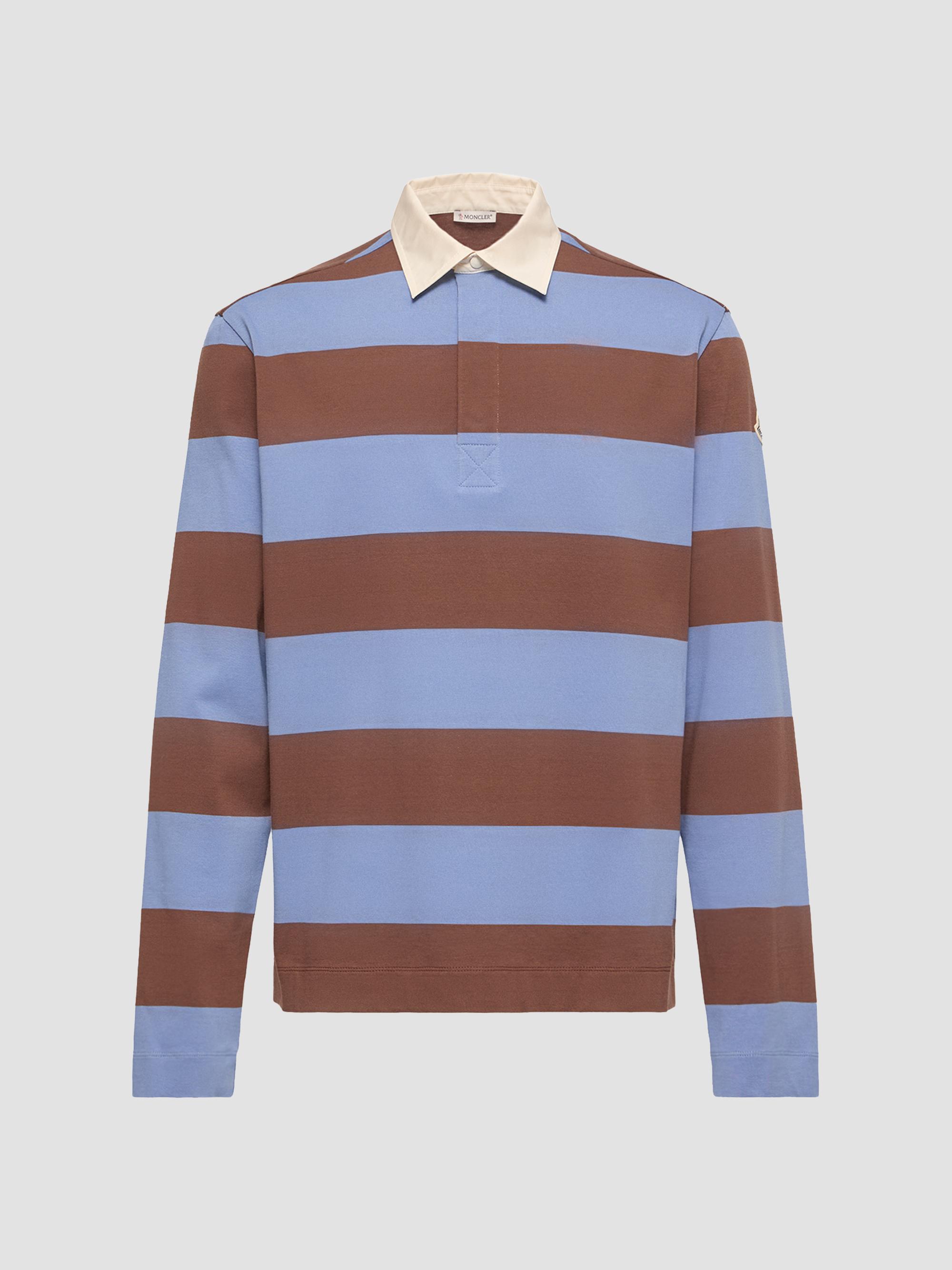Moncler Men's Polo Shirt in Striped Cotton - Light Blue Brown