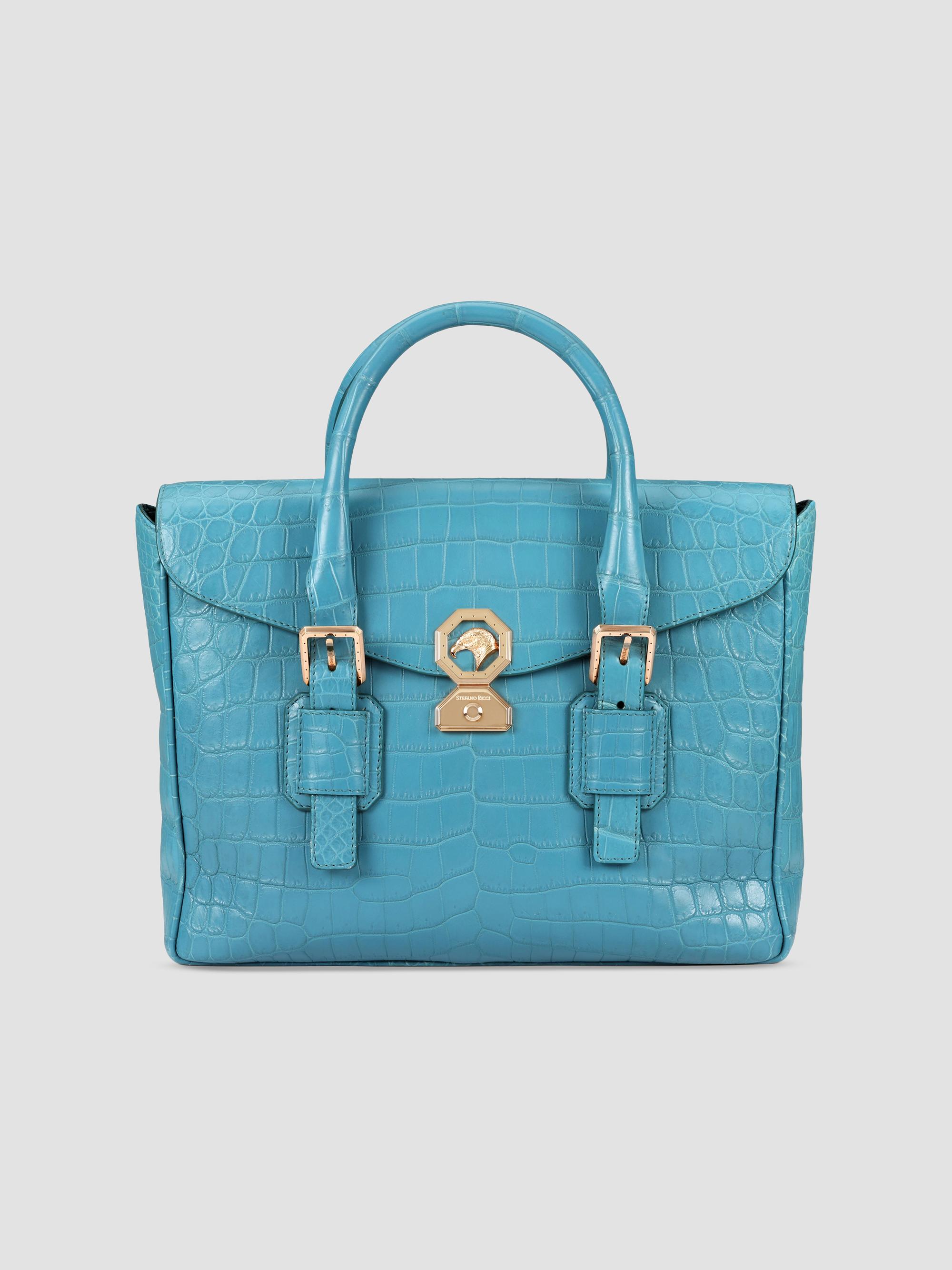Stefano Ricci Men's Luxury Flap Croc Briefcase - Turquoise | Thumbnail 7