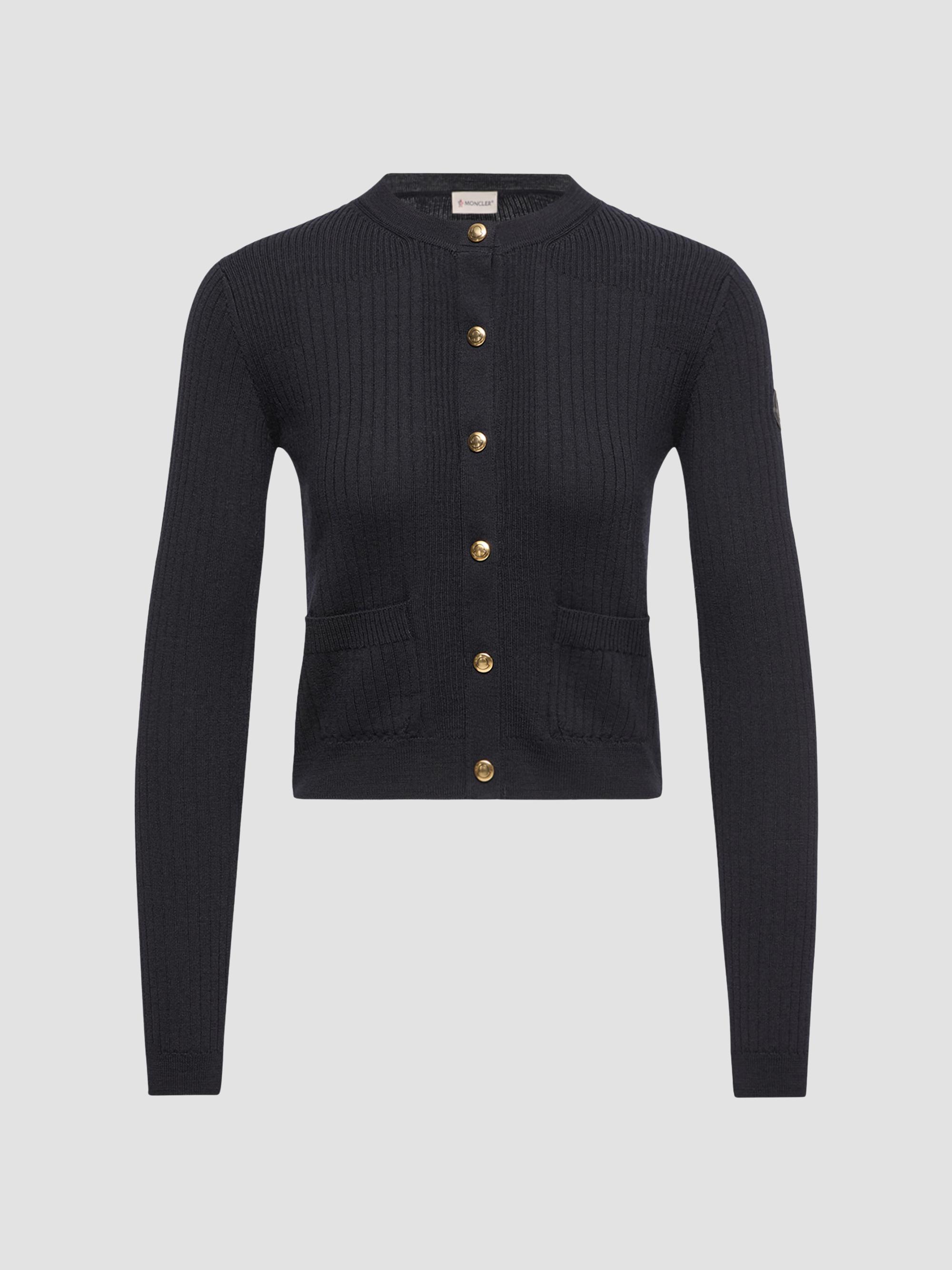 Moncler Women's Cardigan in Wool Blend with Logo in Leather - Dark Blue