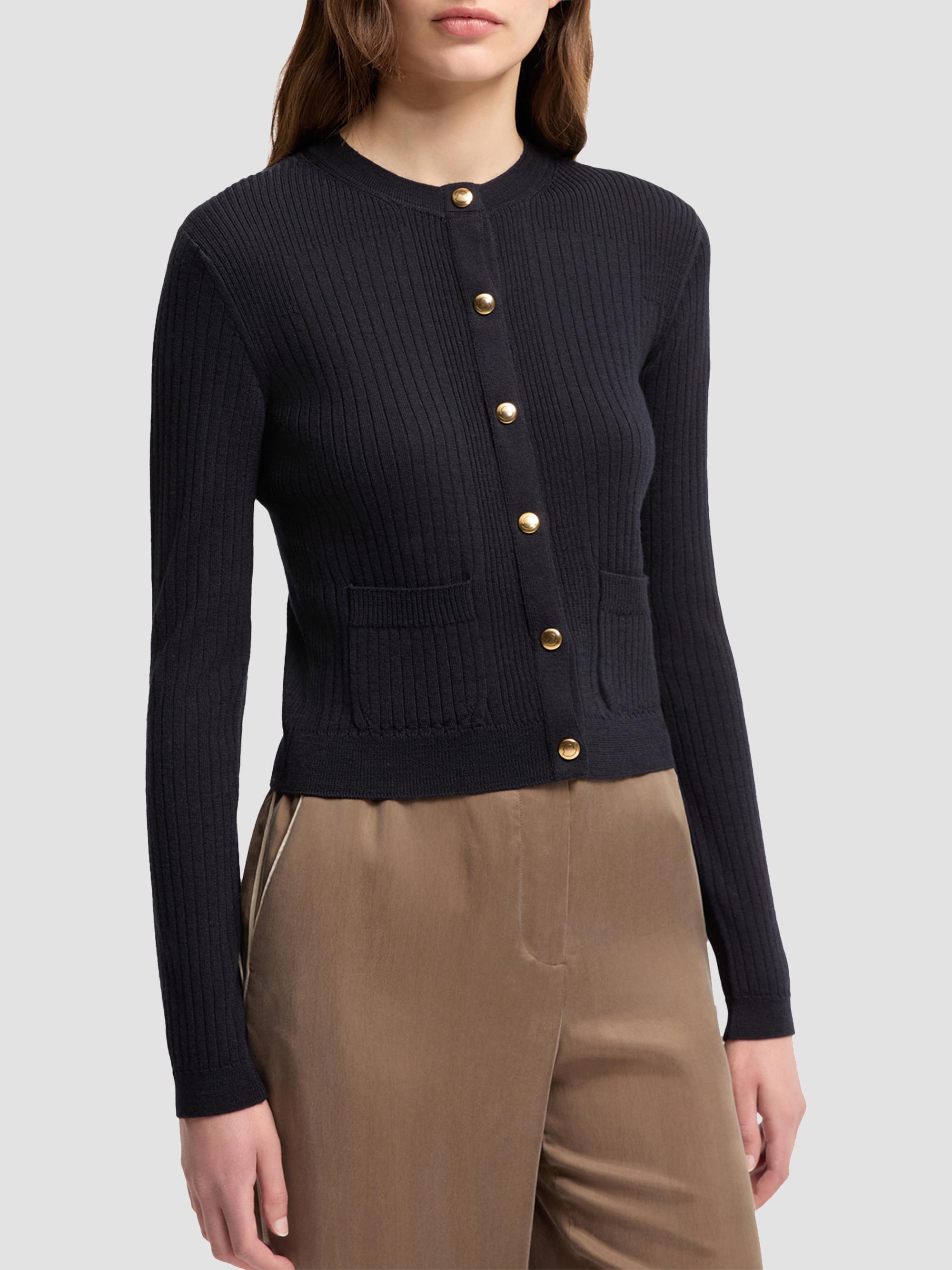 Moncler Women's Cardigan in Wool Blend with Logo in Leather - Dark Blue | Thumbnail 2