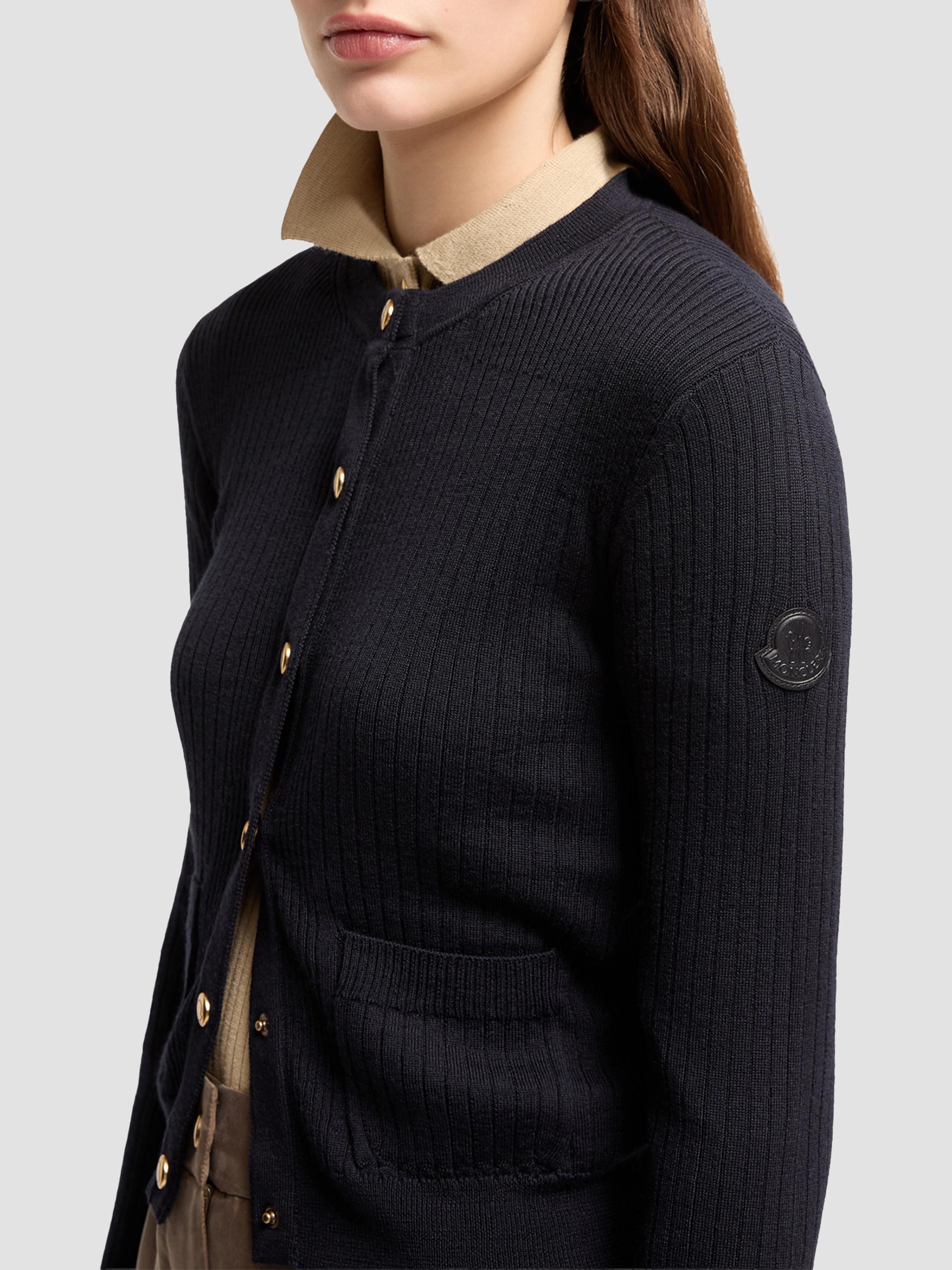Moncler Women's Cardigan in Wool Blend with Logo in Leather - Dark Blue | Thumbnail 4