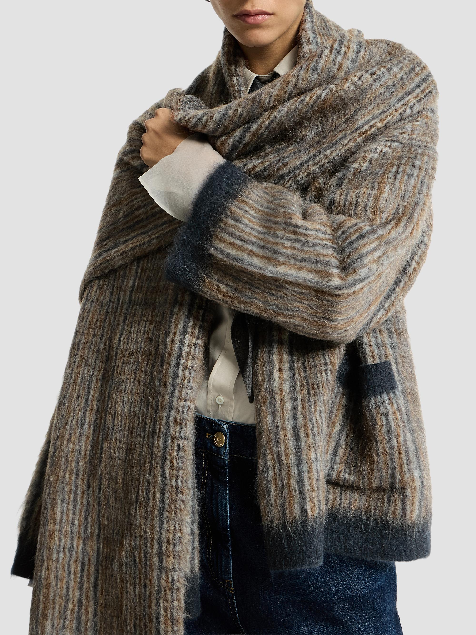 Brunello Cucinelli Women's Mohair and Wool Prince of Wales Double Knit Outerwear Jacket with Scarf - Brown | Thumbnail 5