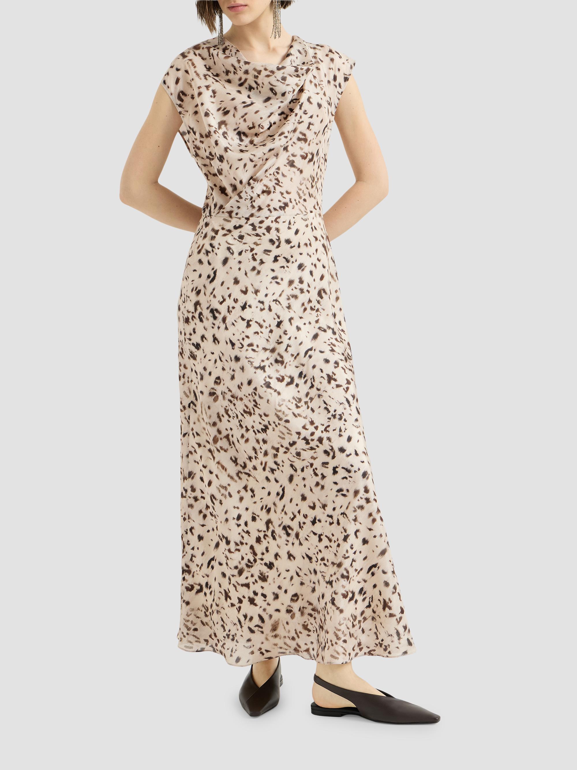 Lynx Print Silk Pongee Draped Dress With Monili