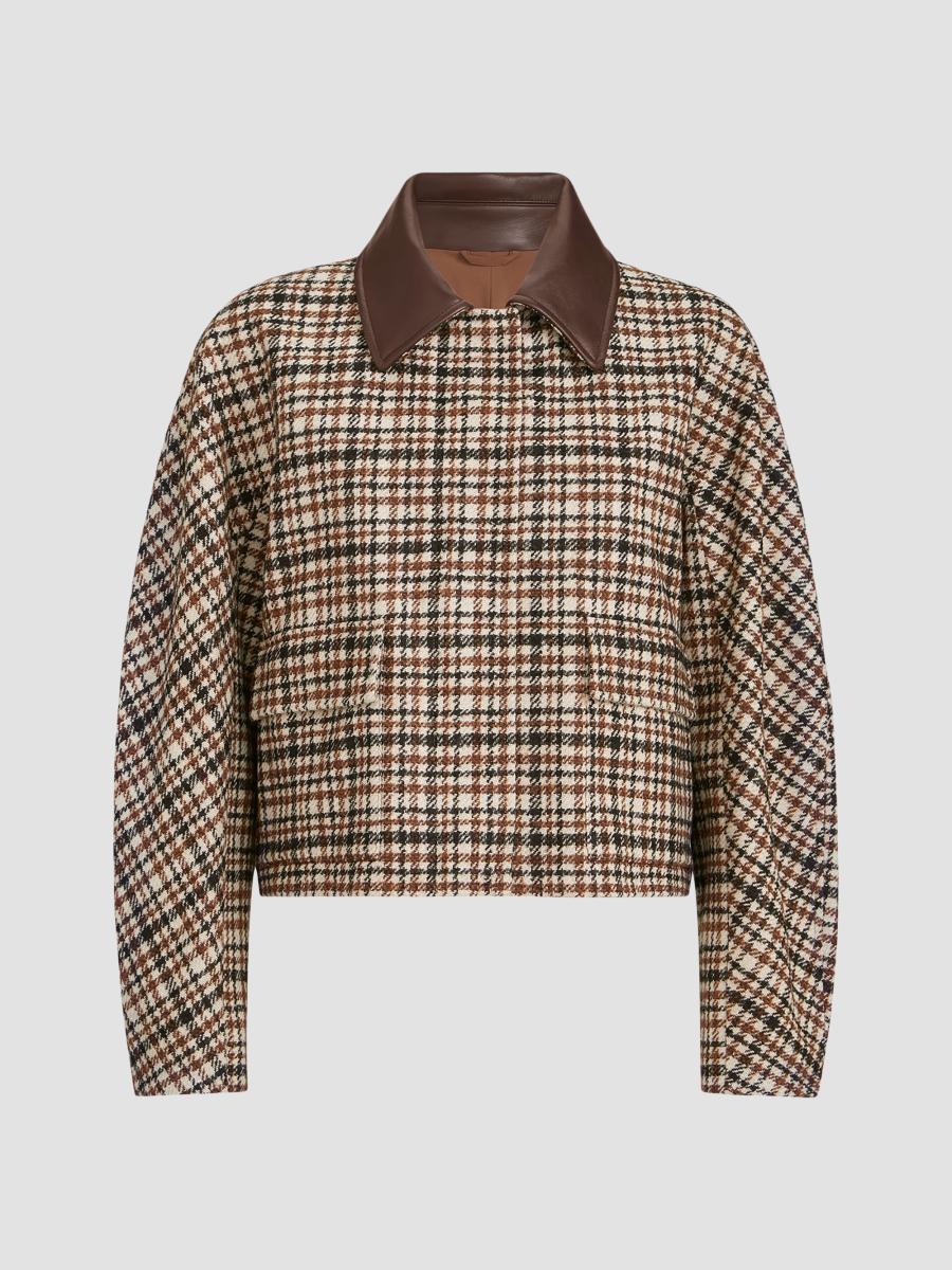 Brunello Cucinelli Women's Comfort Checked Wool And Alpaca Outerwear Jacket With Leather Collar In Brown