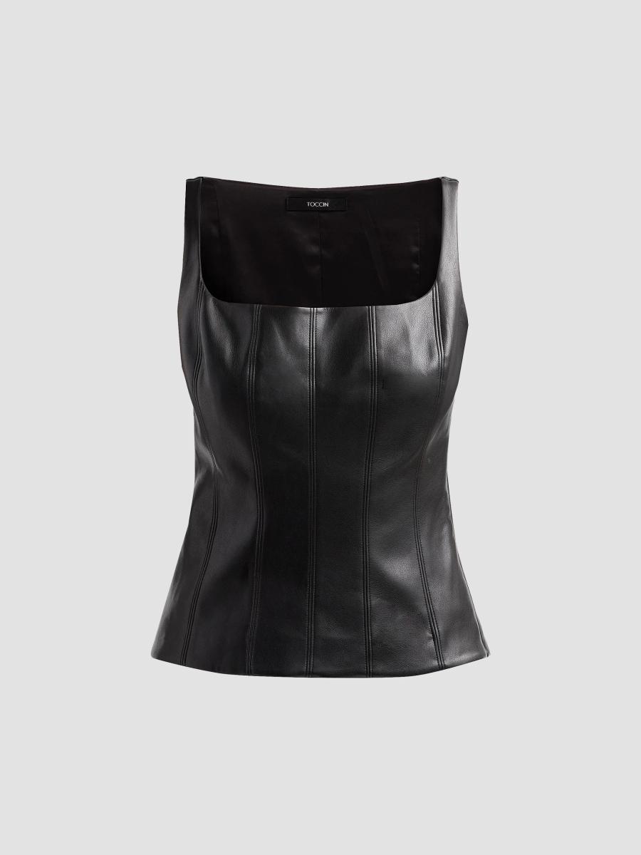 Toccin Women's Bibi Sculpted Faux Leather Top In Jet