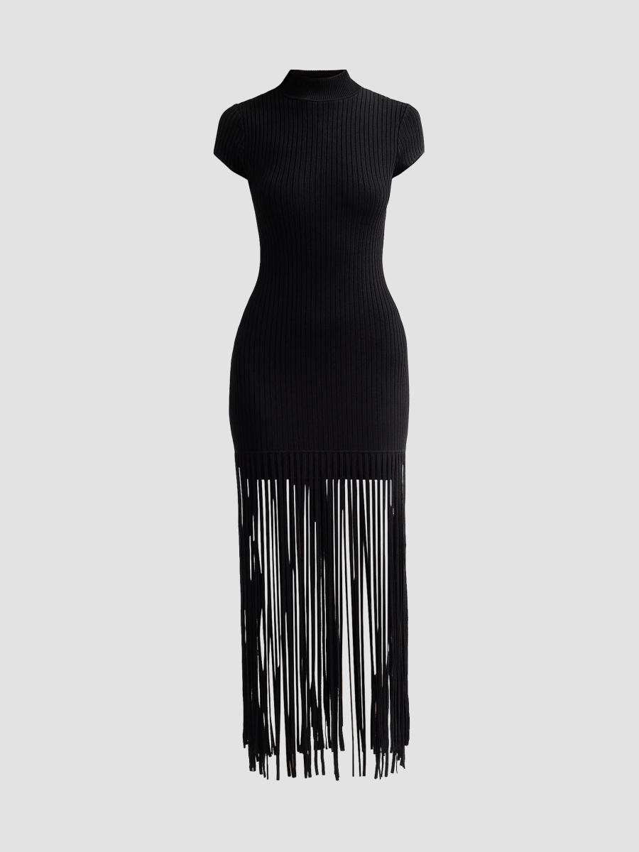 Toccin Women's Jada Fringe Mock Turtleneck Midi Dress In Jet