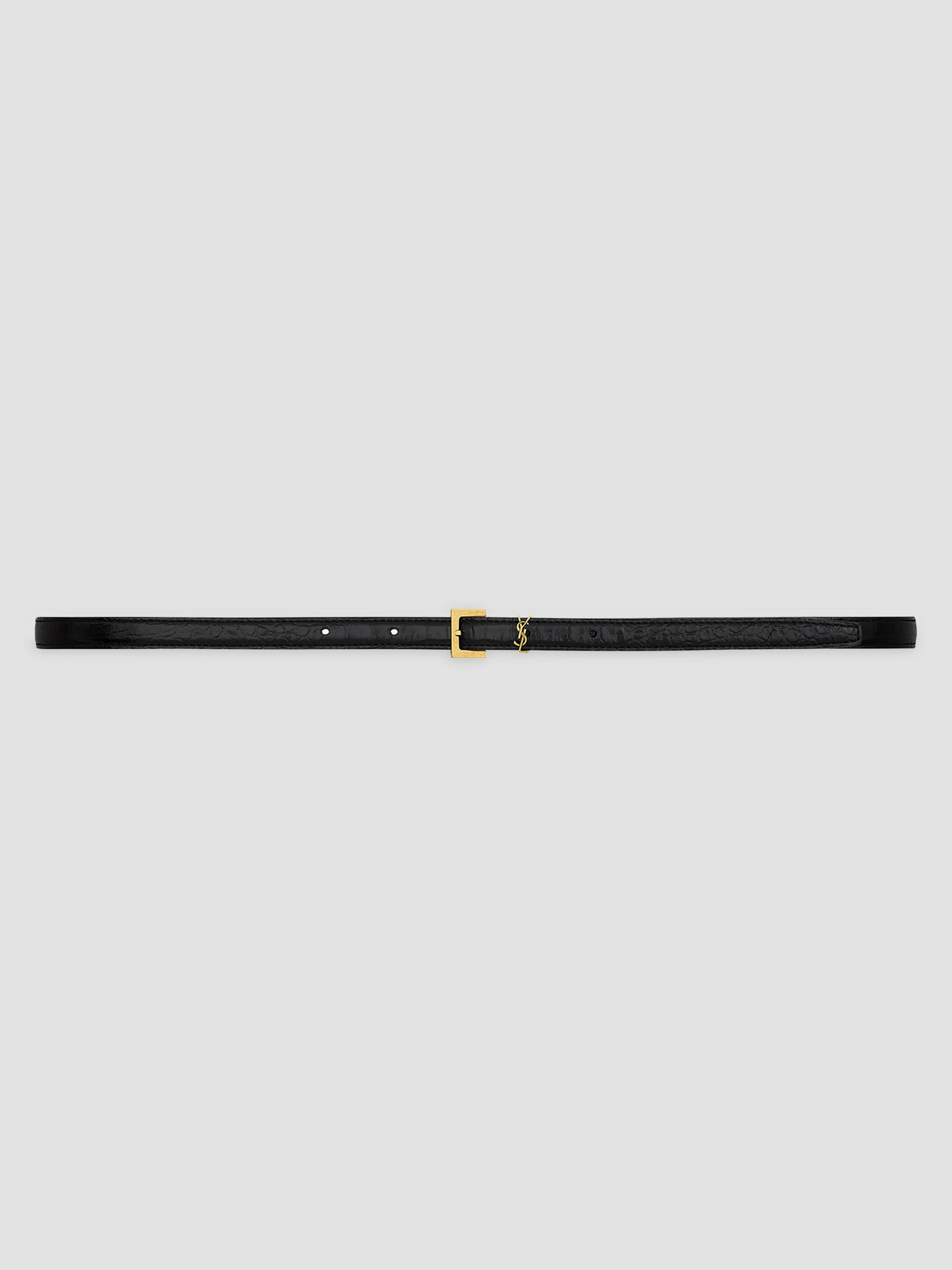Saint Laurent Women's Cassandre Extra Thin Belt in Crocodile-Embossed Leather - Black | Thumbnail 3