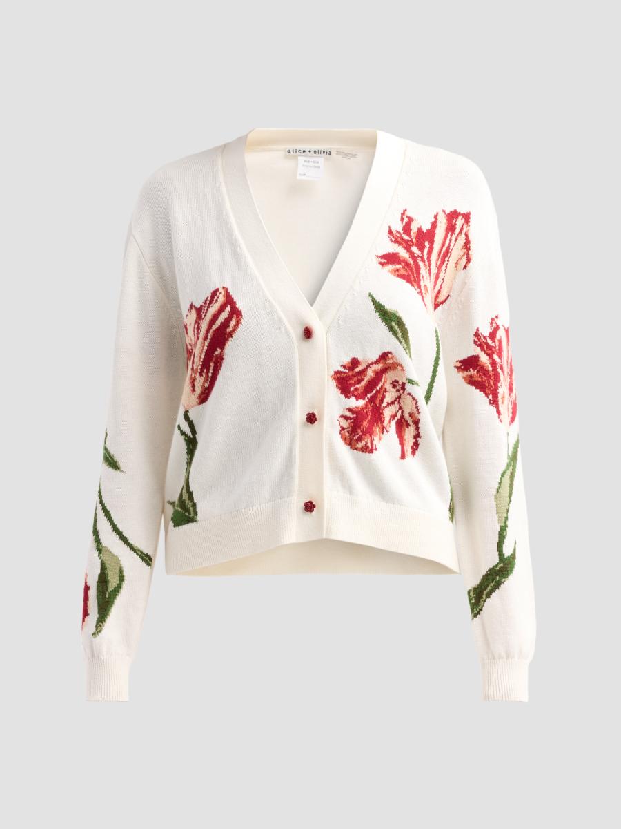 Alice And Olivia Women's Bradley Floral Intarsia-knit Short Cardigan In Soft White Multi