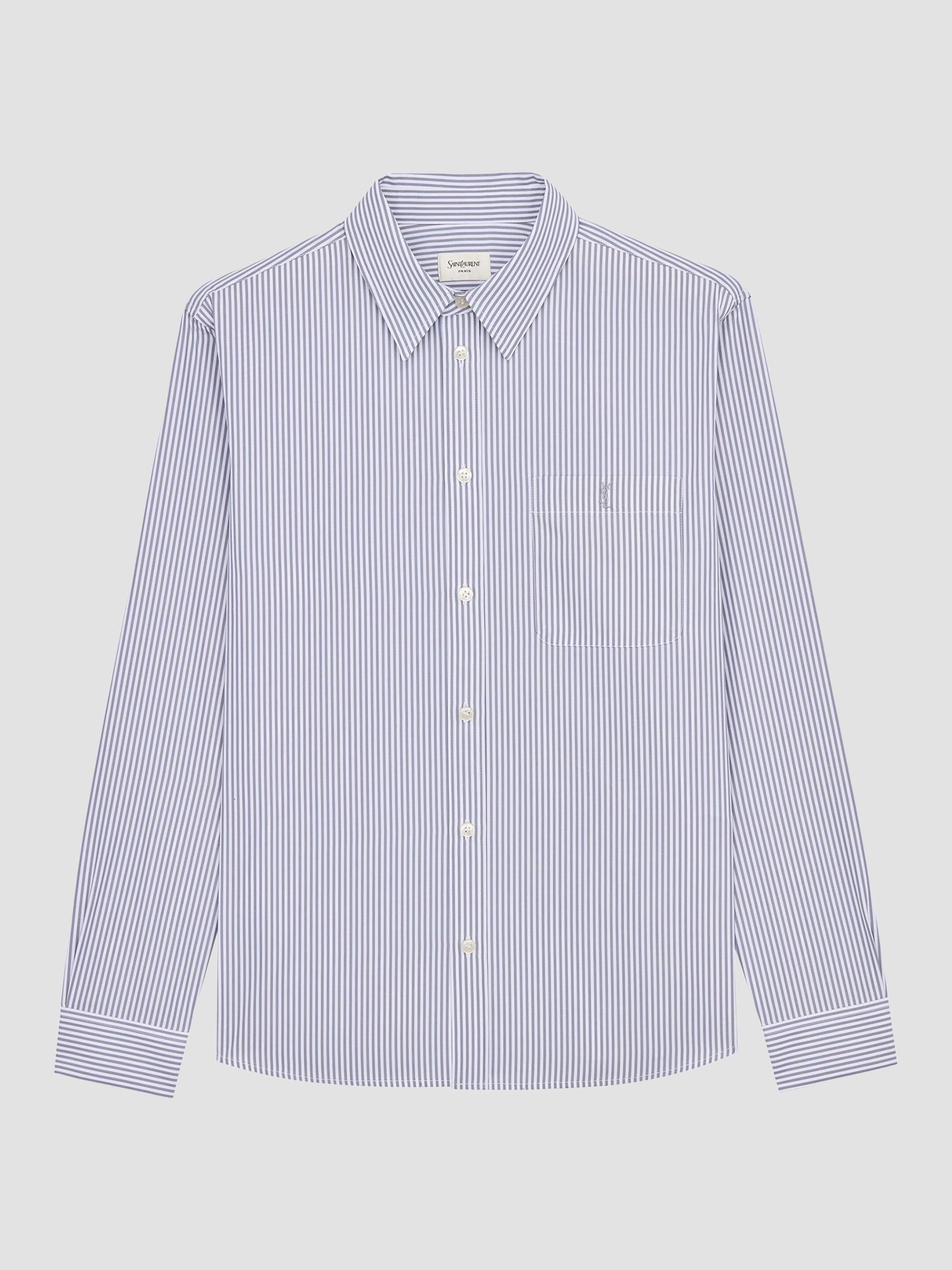 Saint Laurent Women's Cassandre Shirt in Striped Cotton Poplin - Blanc Gris | Thumbnail 4