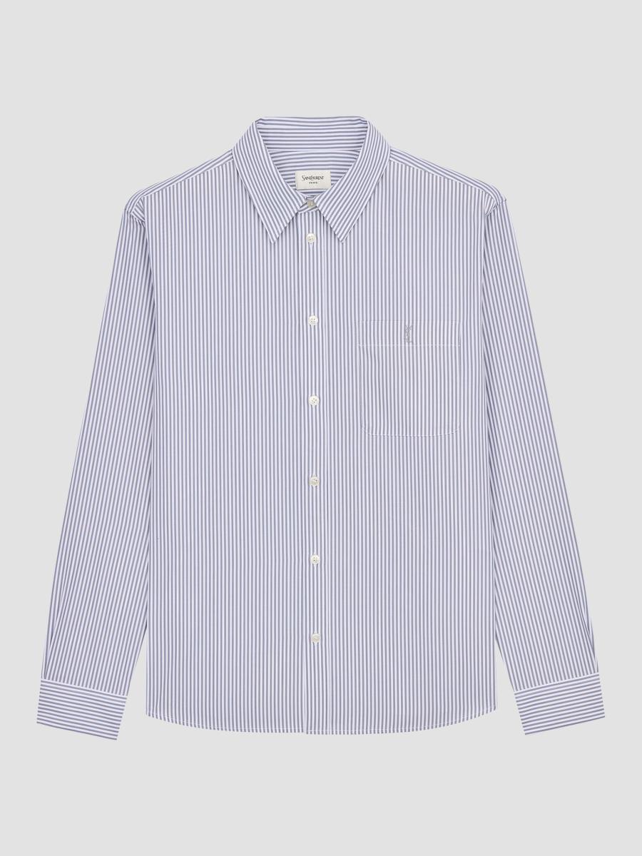 Saint Laurent Women's Cassandre Shirt In Striped Cotton Poplin In Gray