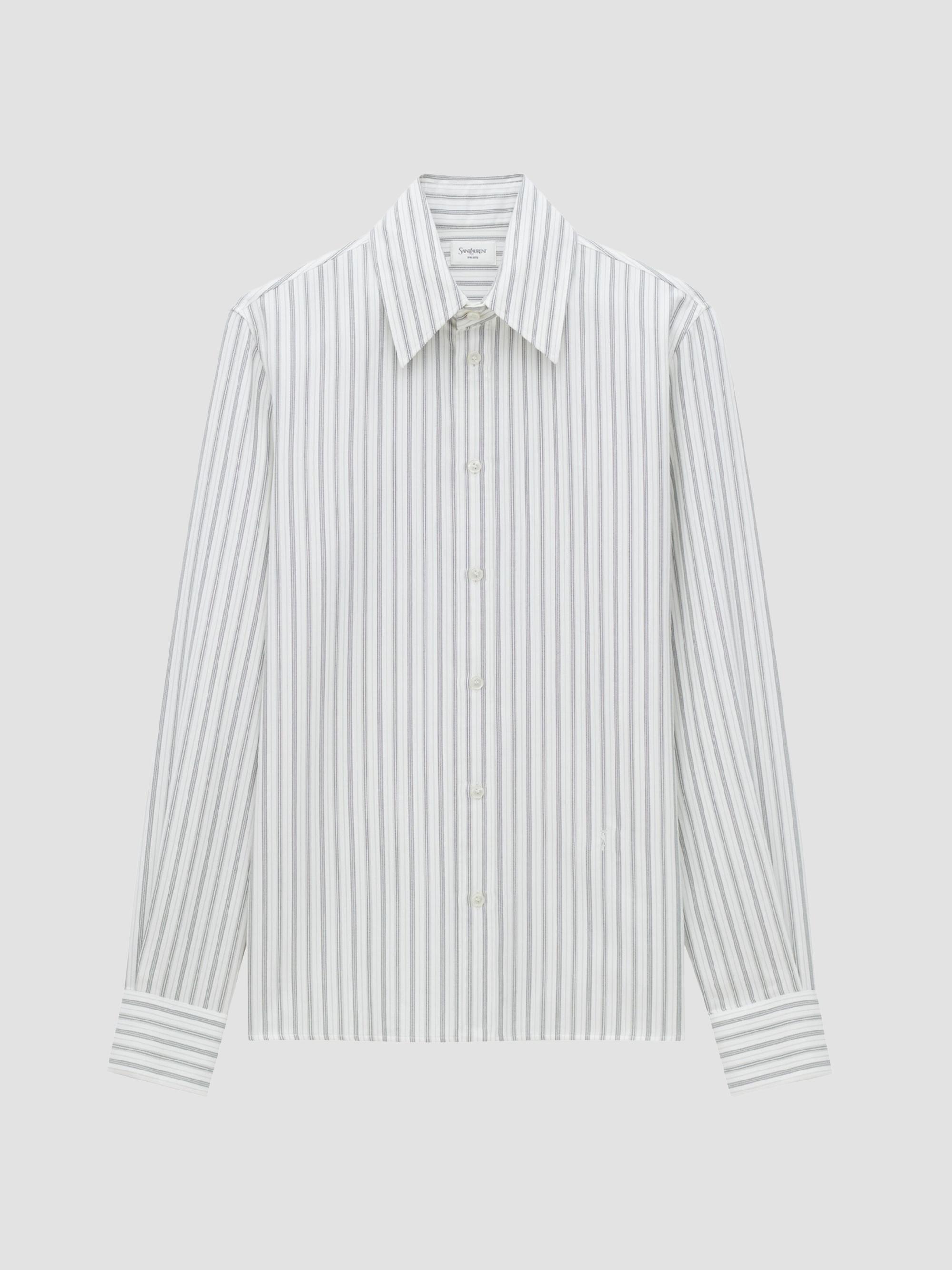 Saint Laurent Men's Cassandre Shirt in Striped Cotton - Craie Taupe Noir | Thumbnail 3