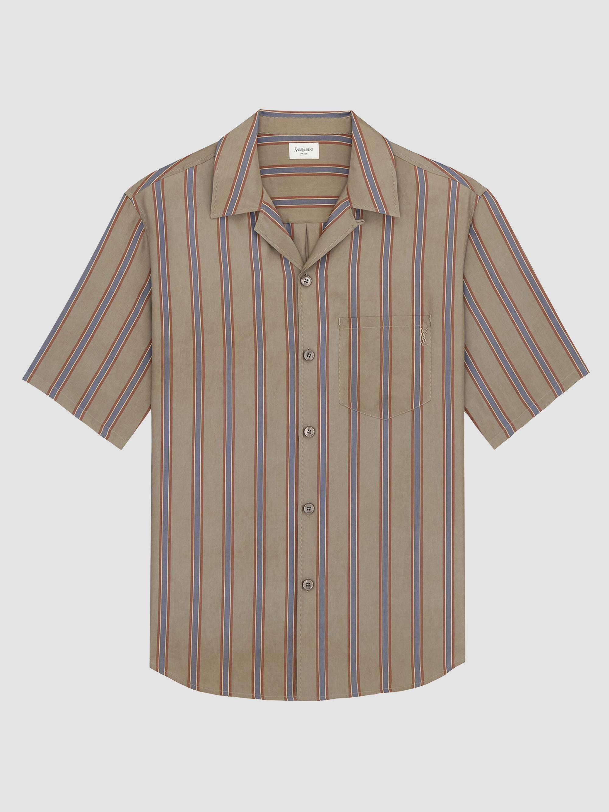 Saint Laurent Men's Cassandre Shirt in Striped Cotton Twill - Taupe Rouge