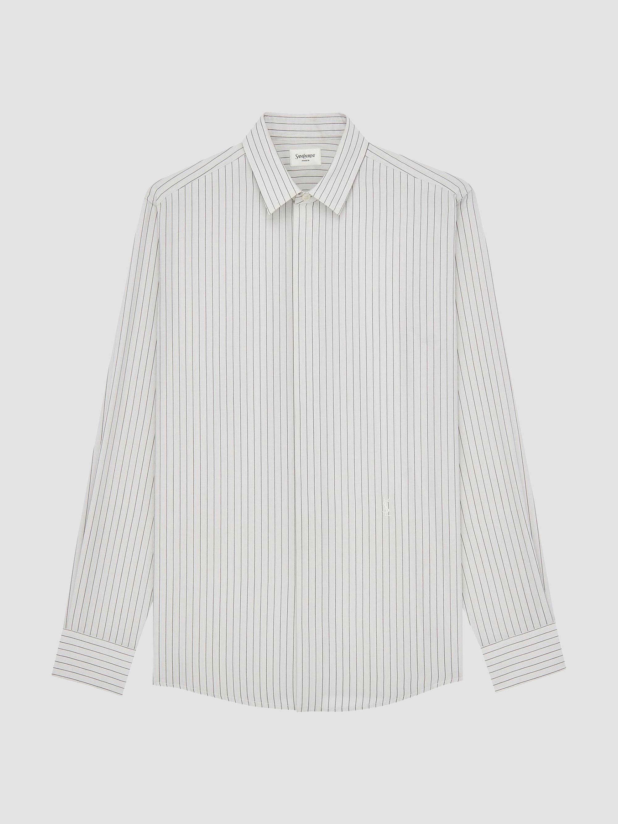 Saint Laurent Men's Cassandre Slim Shirt in Striped Viscose - Craie Noir | Thumbnail 3