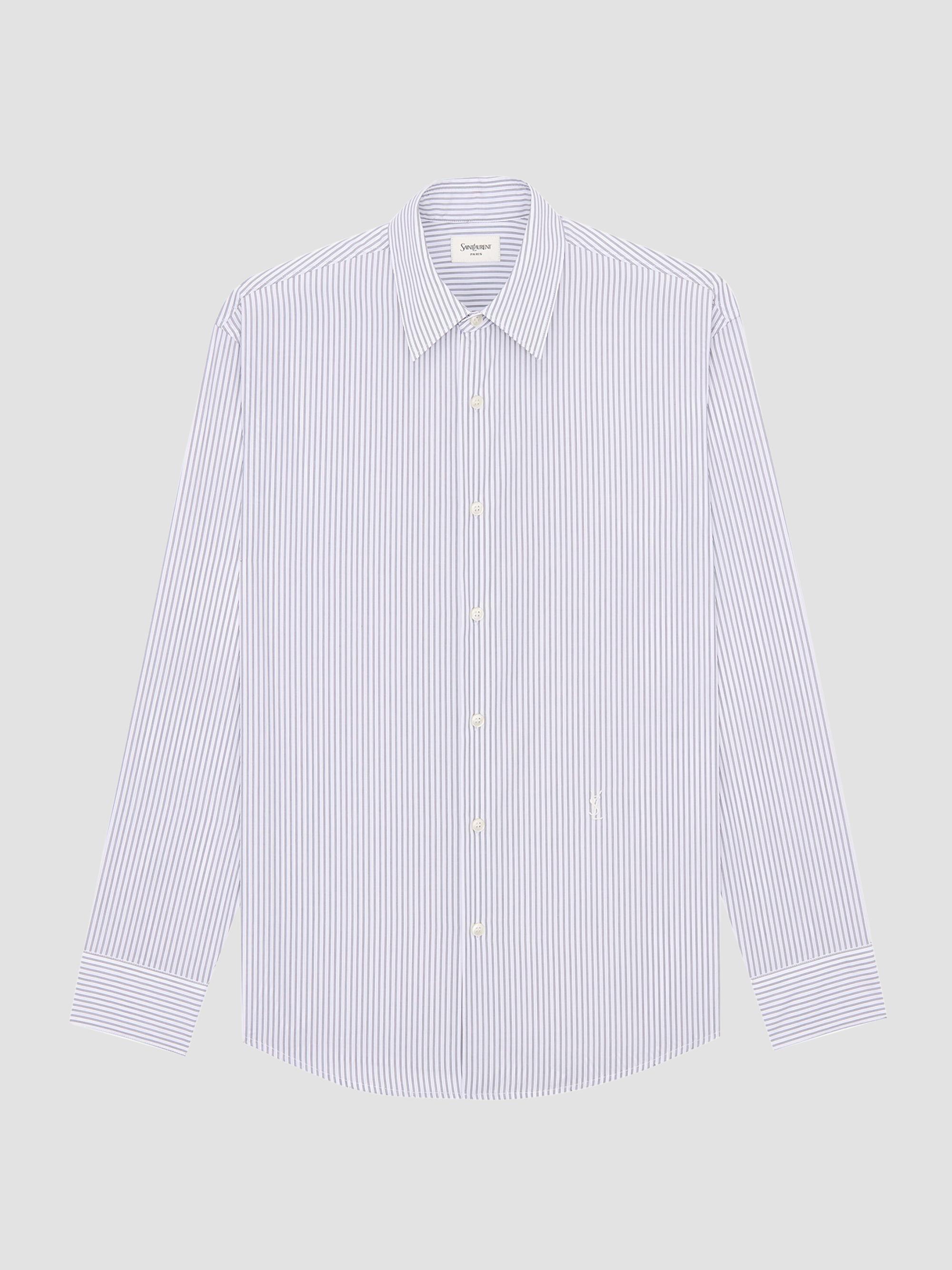 Saint Laurent Men's Cassandre Shirt in Striped Cotton Poplin - Craie Noir | Thumbnail 3