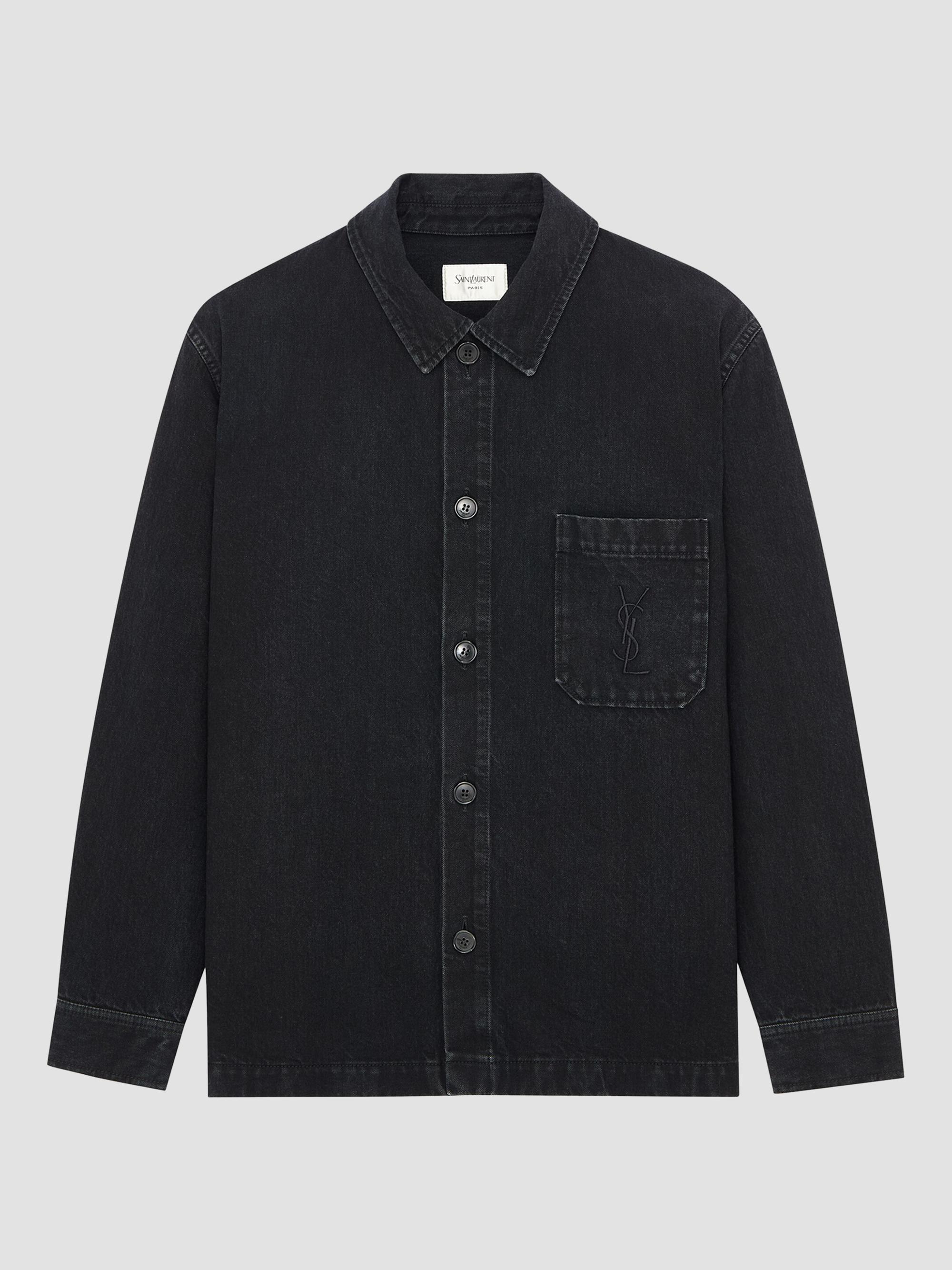 Saint Laurent Men's Cassandre Overshirt in Cotton Linen Gabardine - Black Sand | Thumbnail 4