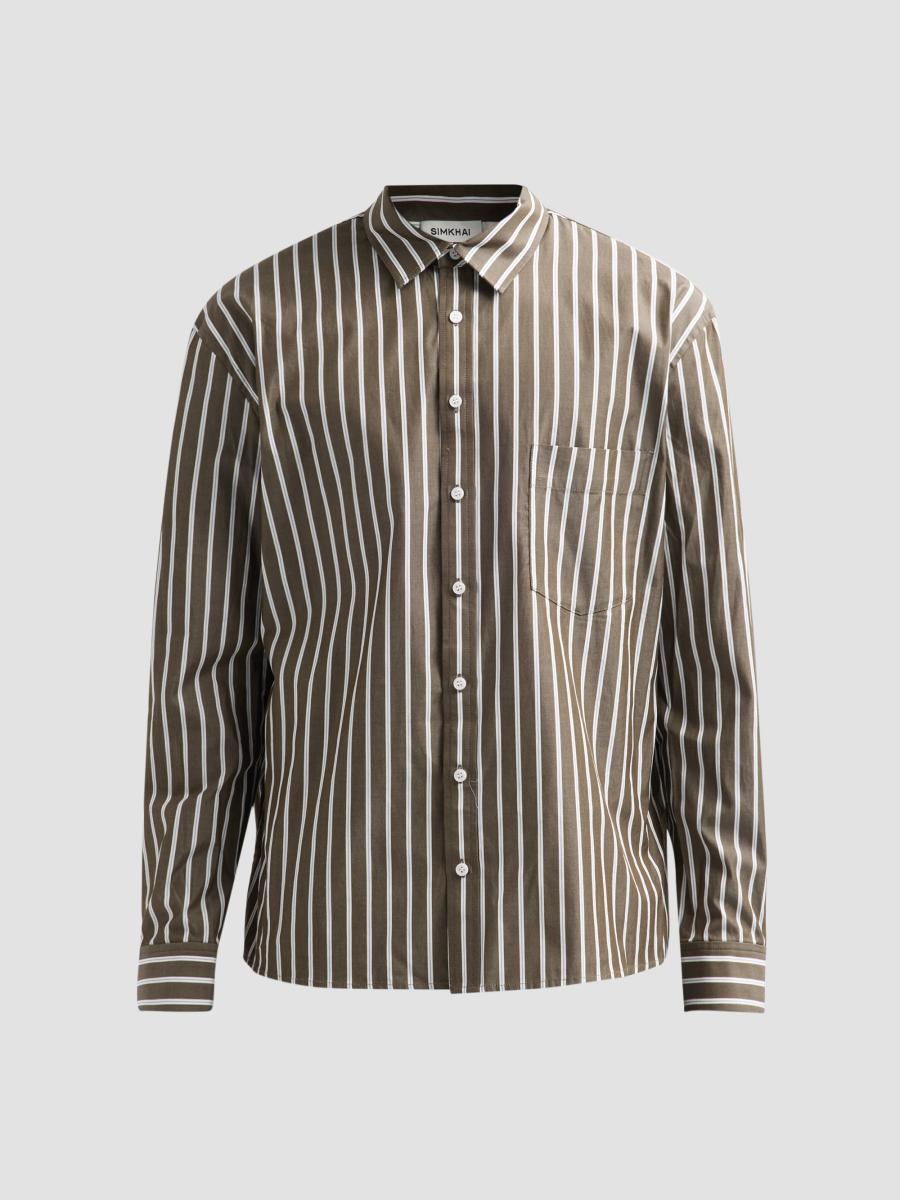 Simkhai Men's Khalied Oversized Striped Cotton Poplin Shirt In Dark Olive Multi